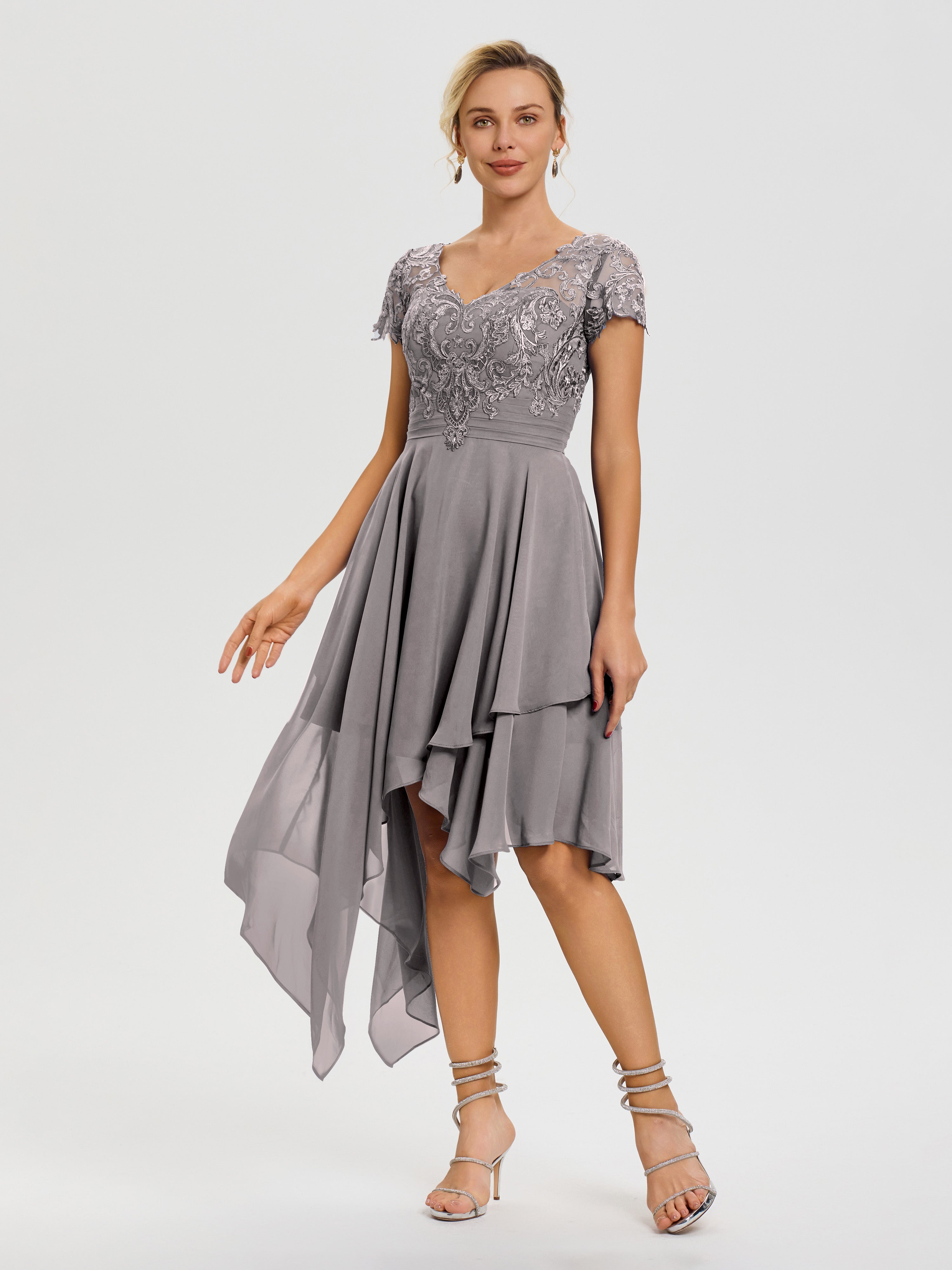 Robe Mère De Mariée Argent Col V Mousseline&Dentelle Asymétrique Robe Mère De La Mariée