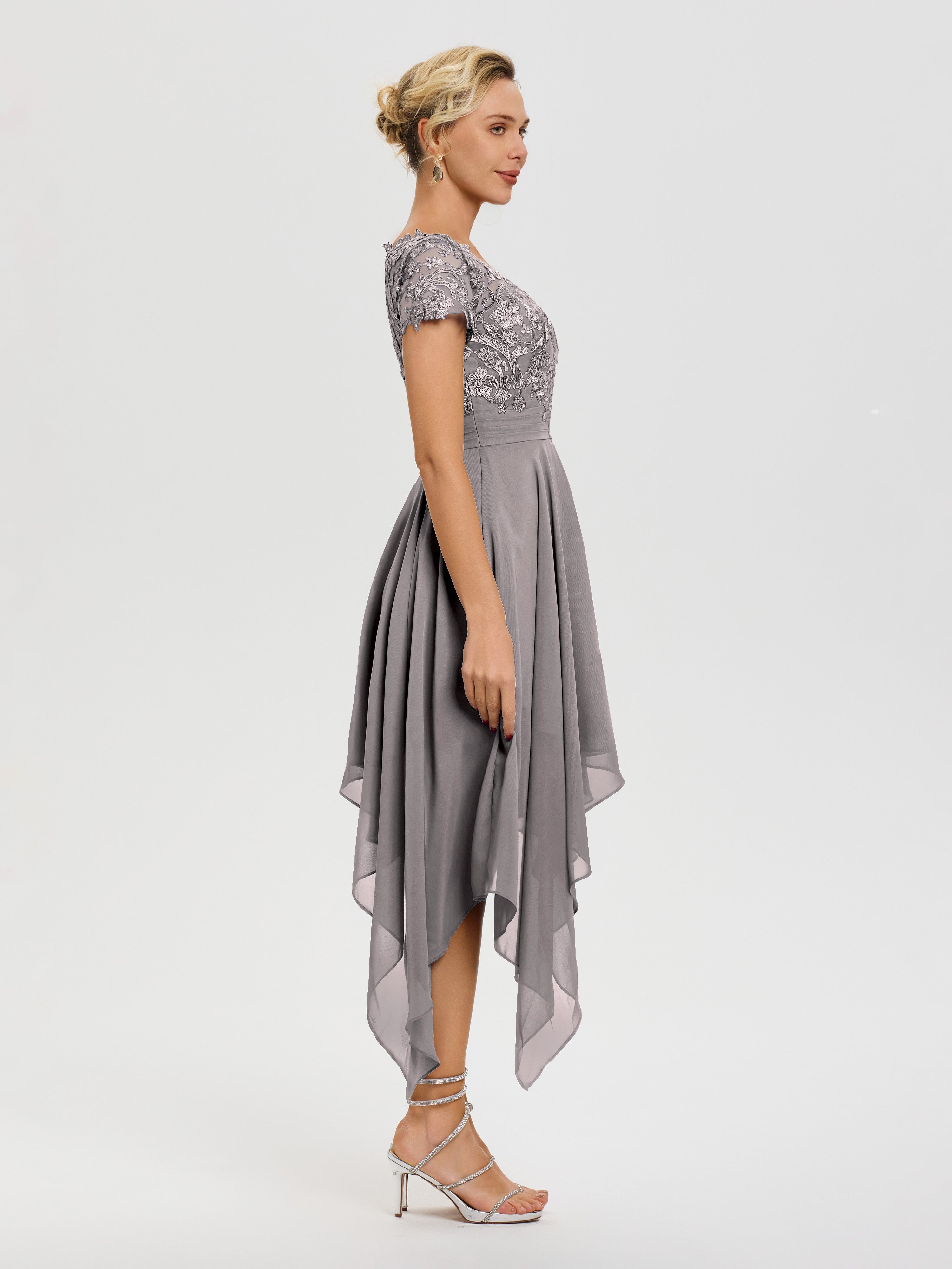 Robe Mère De Mariée Argent Col V Mousseline&Dentelle Asymétrique Robe Mère De La Mariée