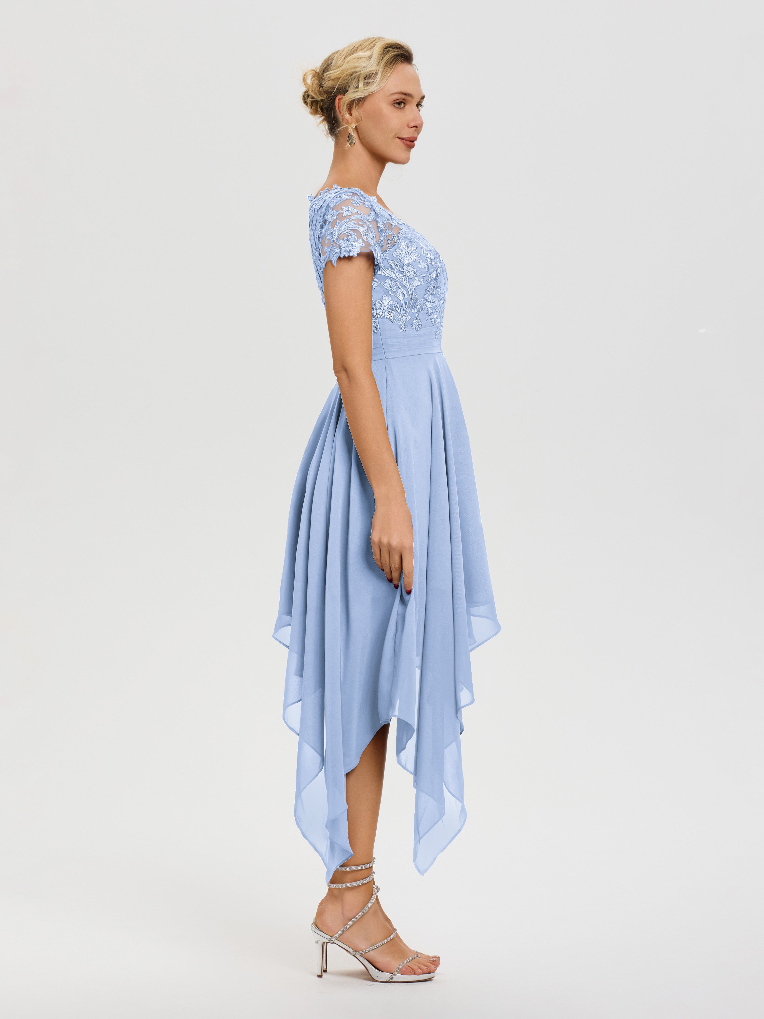 Robe Mère De Mariée Bleu Ciel Col V Mousseline&Dentelle Asymétrique Robe Mère De La Mariée