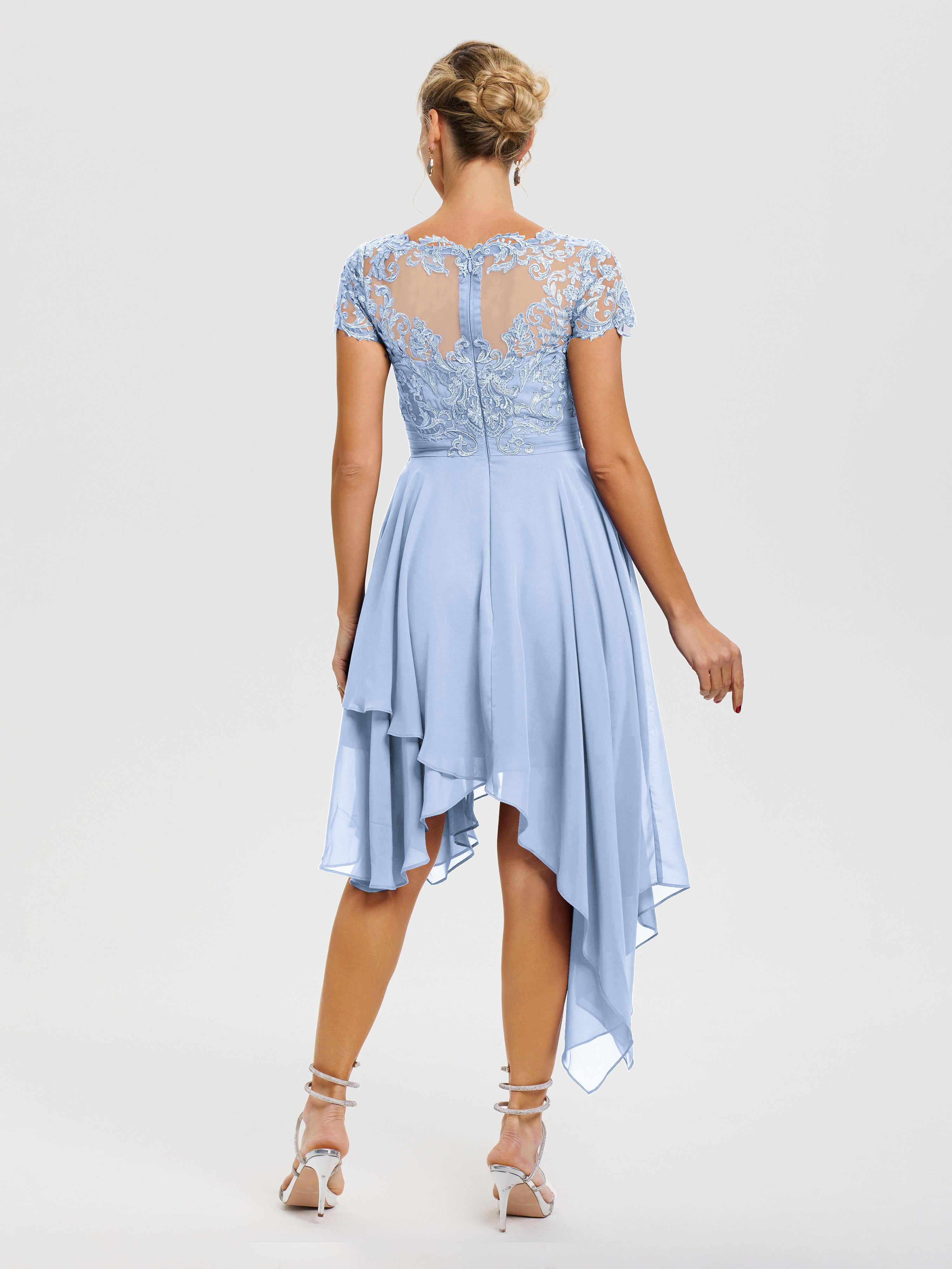 Robe Mère De Mariée Bleu Ciel Col V Mousseline&Dentelle Asymétrique Robe Mère De La Mariée