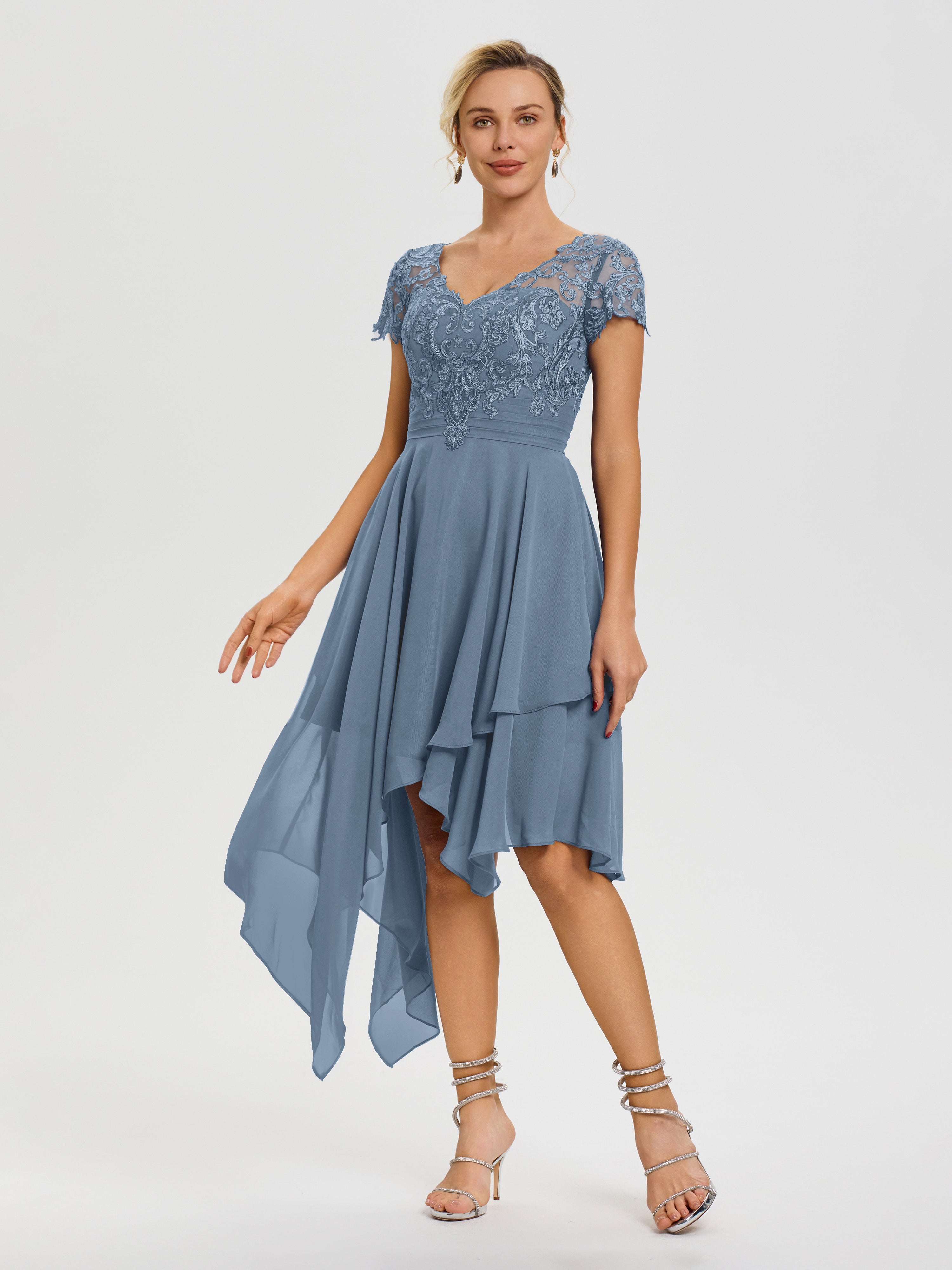 Robe De La Mère De La Mariée Bleu De Schiste Col V Mousseline&Dentelle Asymétrique Robe Mère De La Mariée