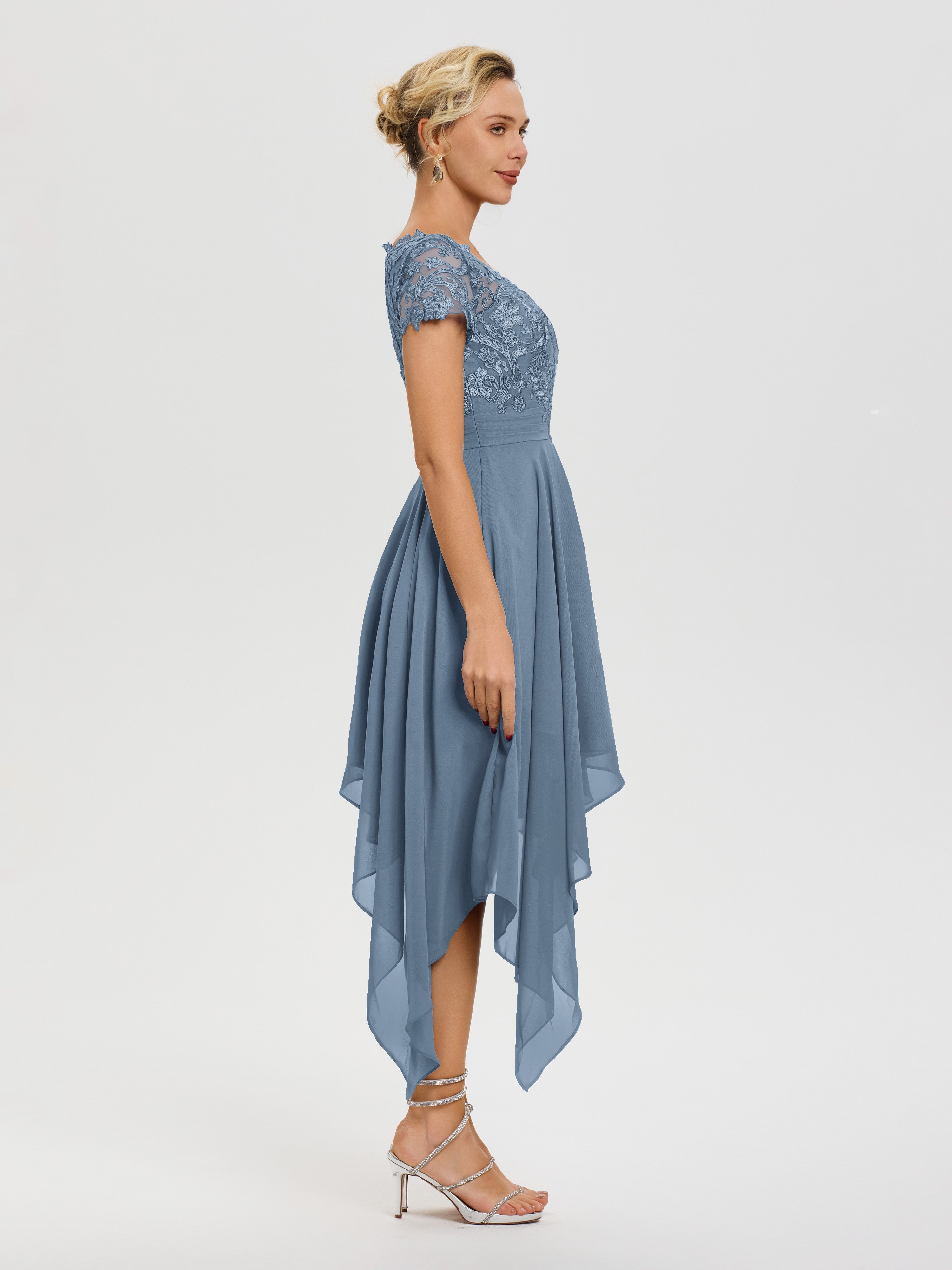 Robe De La Mère De La Mariée Bleu De Schiste Col V Mousseline&Dentelle Asymétrique Robe Mère De La Mariée