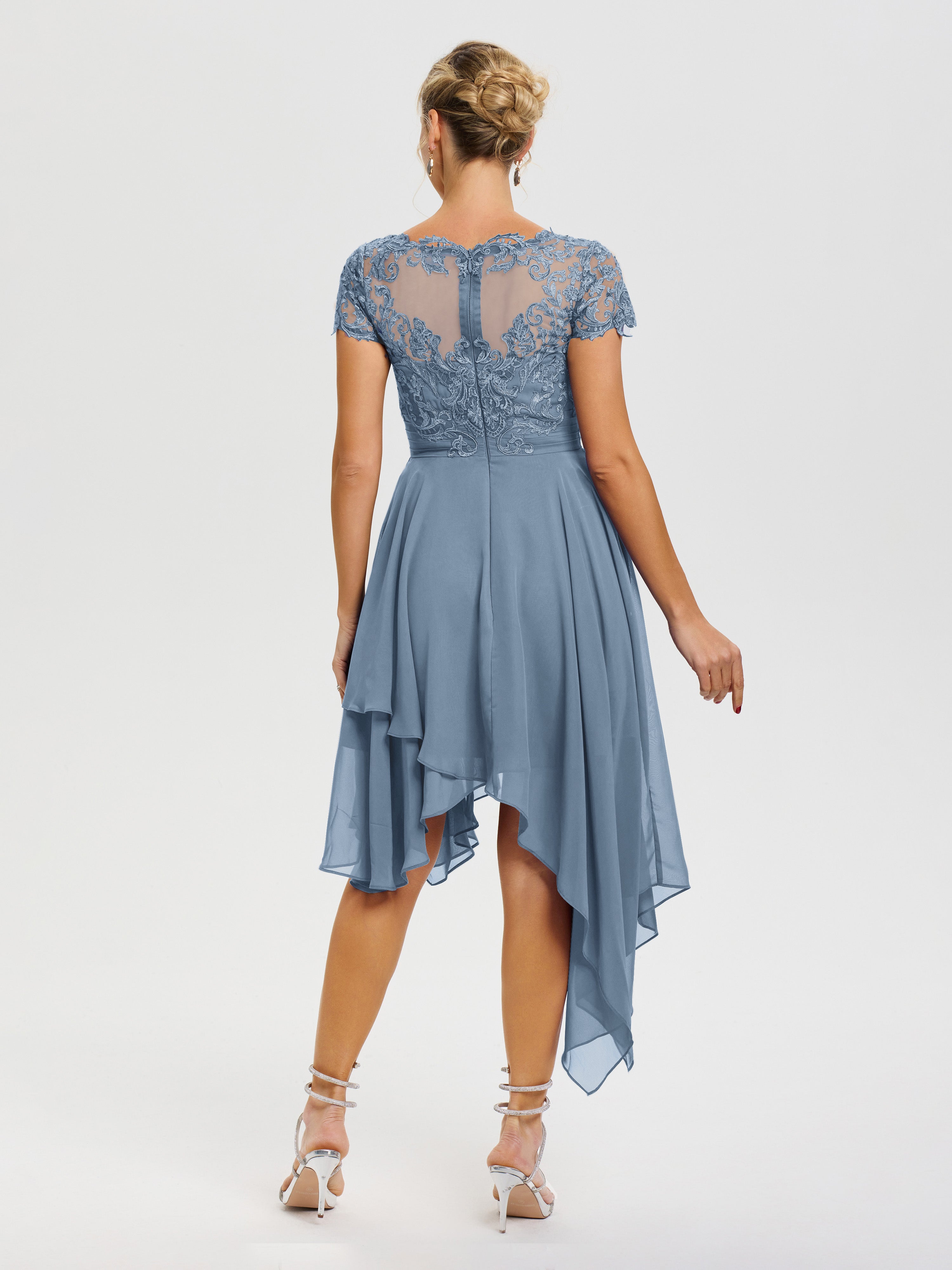 Robe De La Mère De La Mariée Bleu De Schiste Col V Mousseline&Dentelle Asymétrique Robe Mère De La Mariée