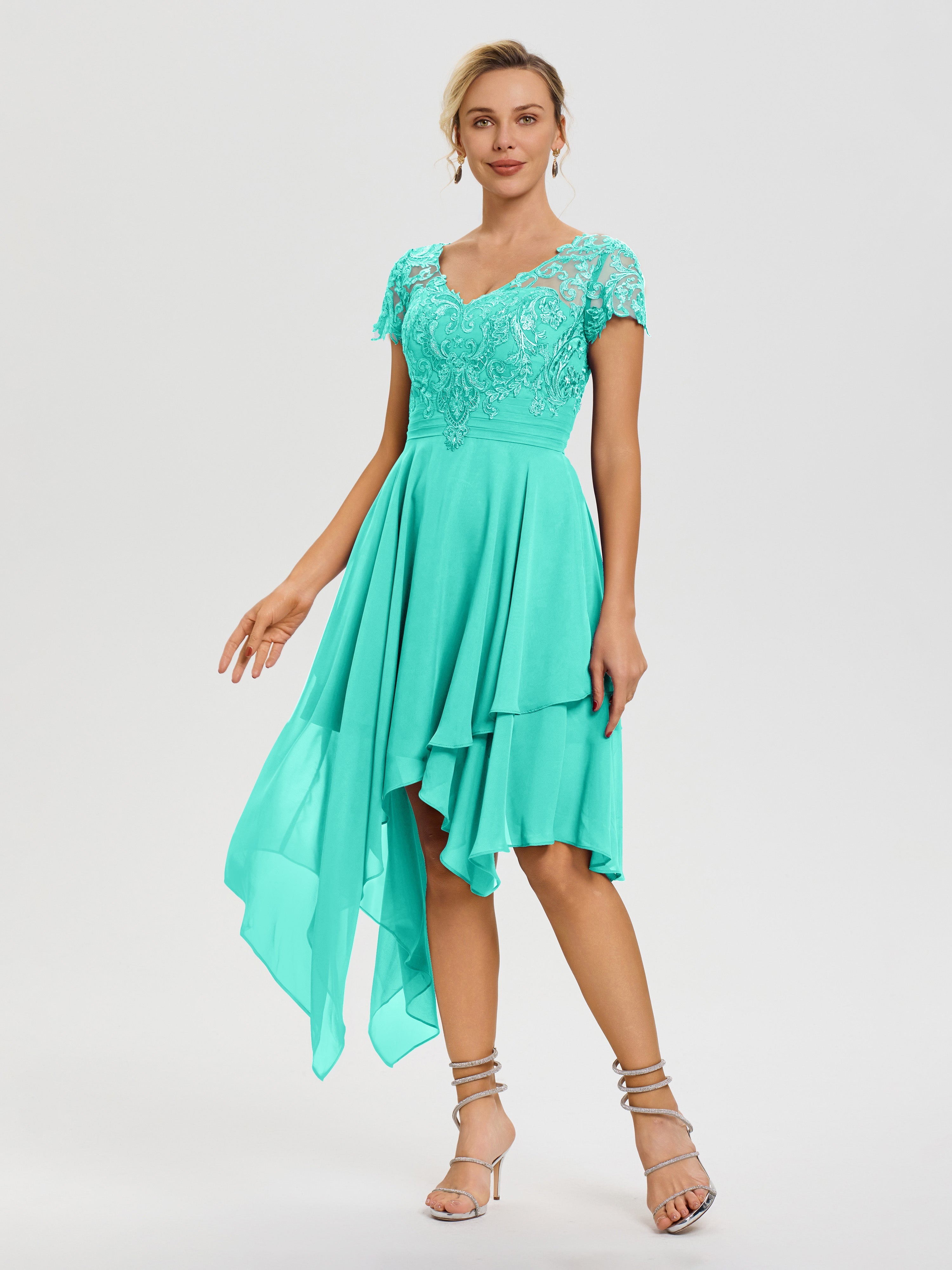 Robe Mère Mariee Spa Col V Mousseline&Dentelle Asymétrique Robe Mère De La Mariée