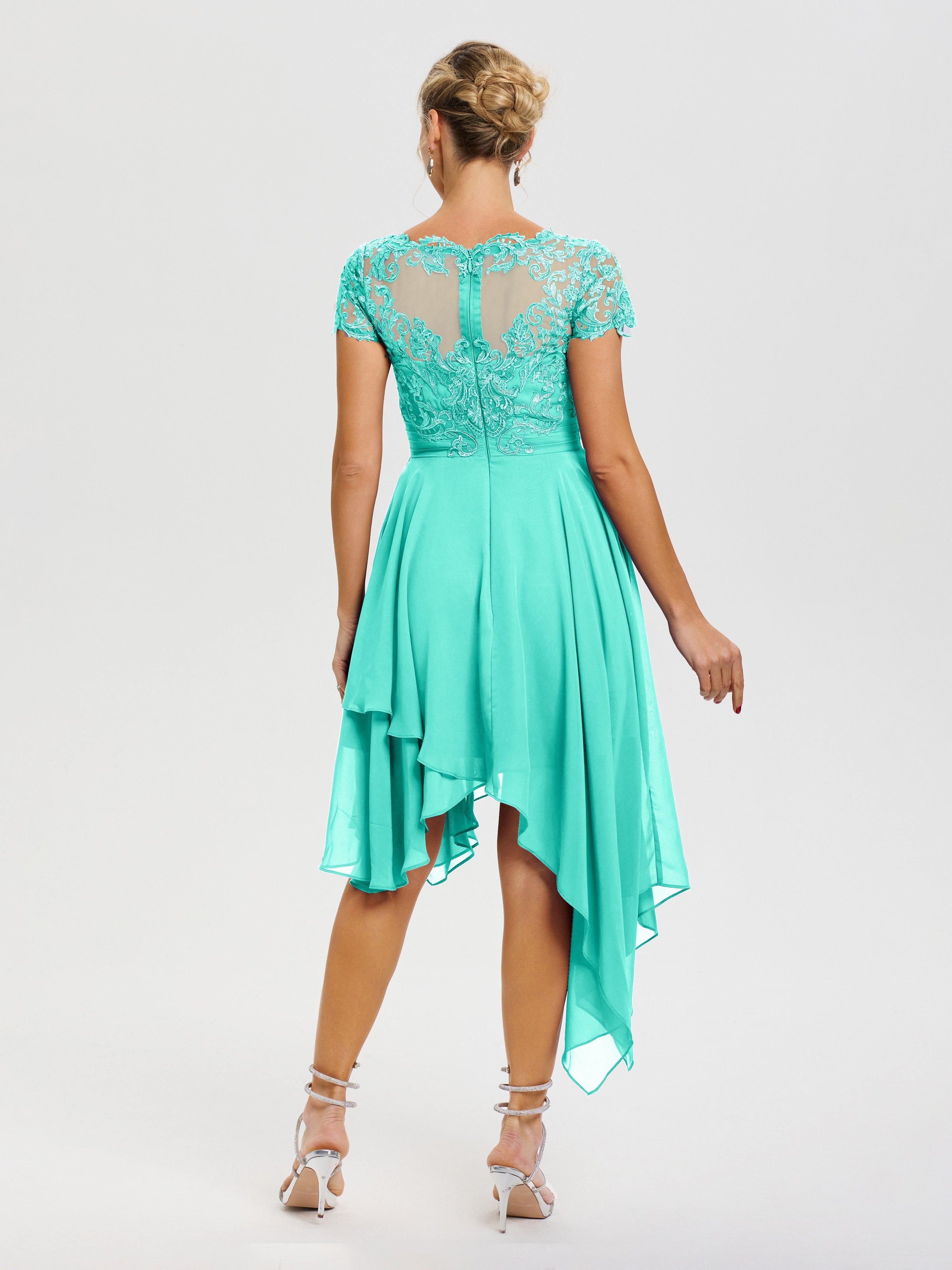 Robe Mère Mariee Spa Col V Mousseline&Dentelle Asymétrique Robe Mère De La Mariée