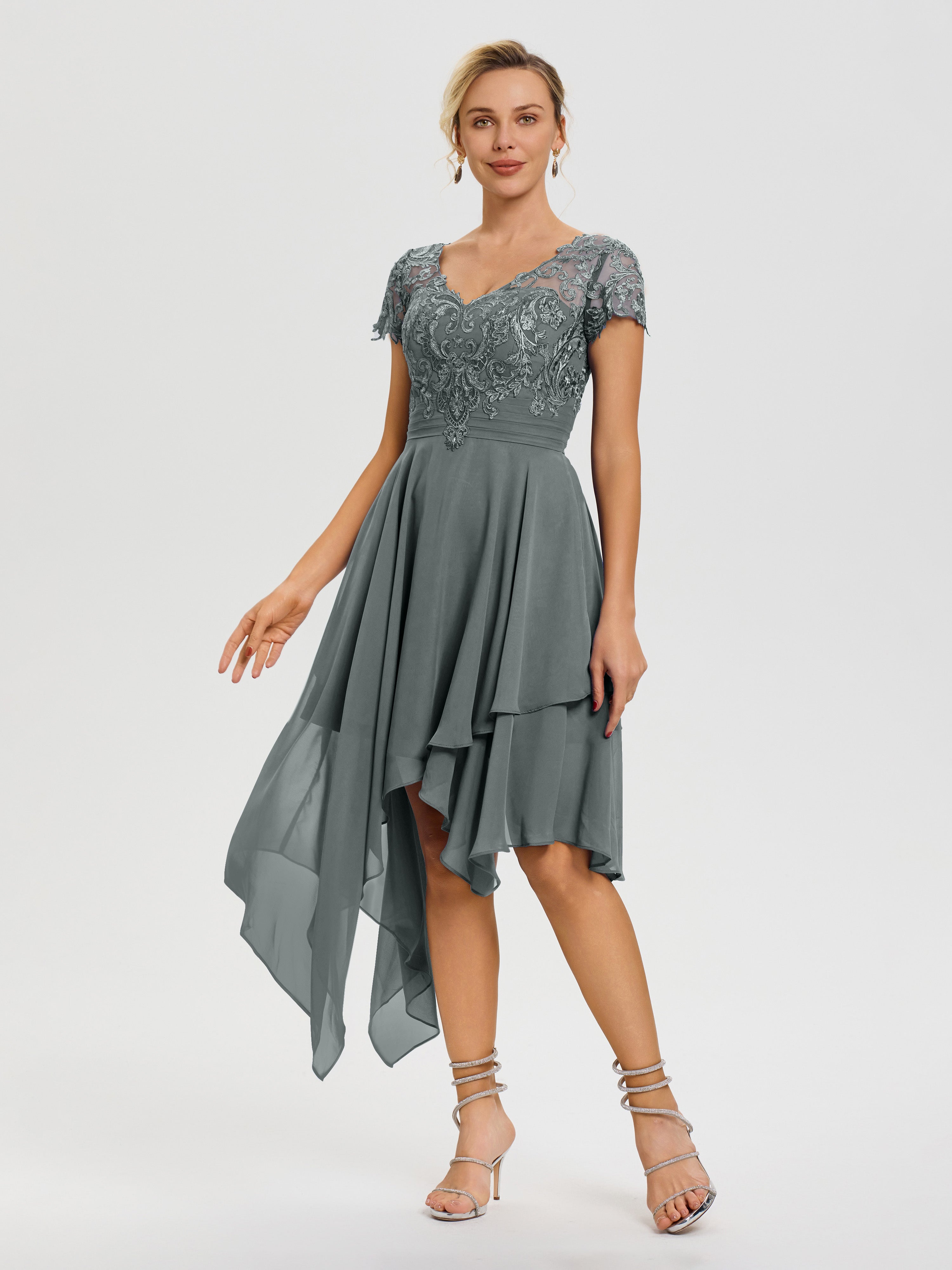 Robe De Mère De Mariée Gris Acier Col V Mousseline&Dentelle Asymétrique Robe Mère De La Mariée