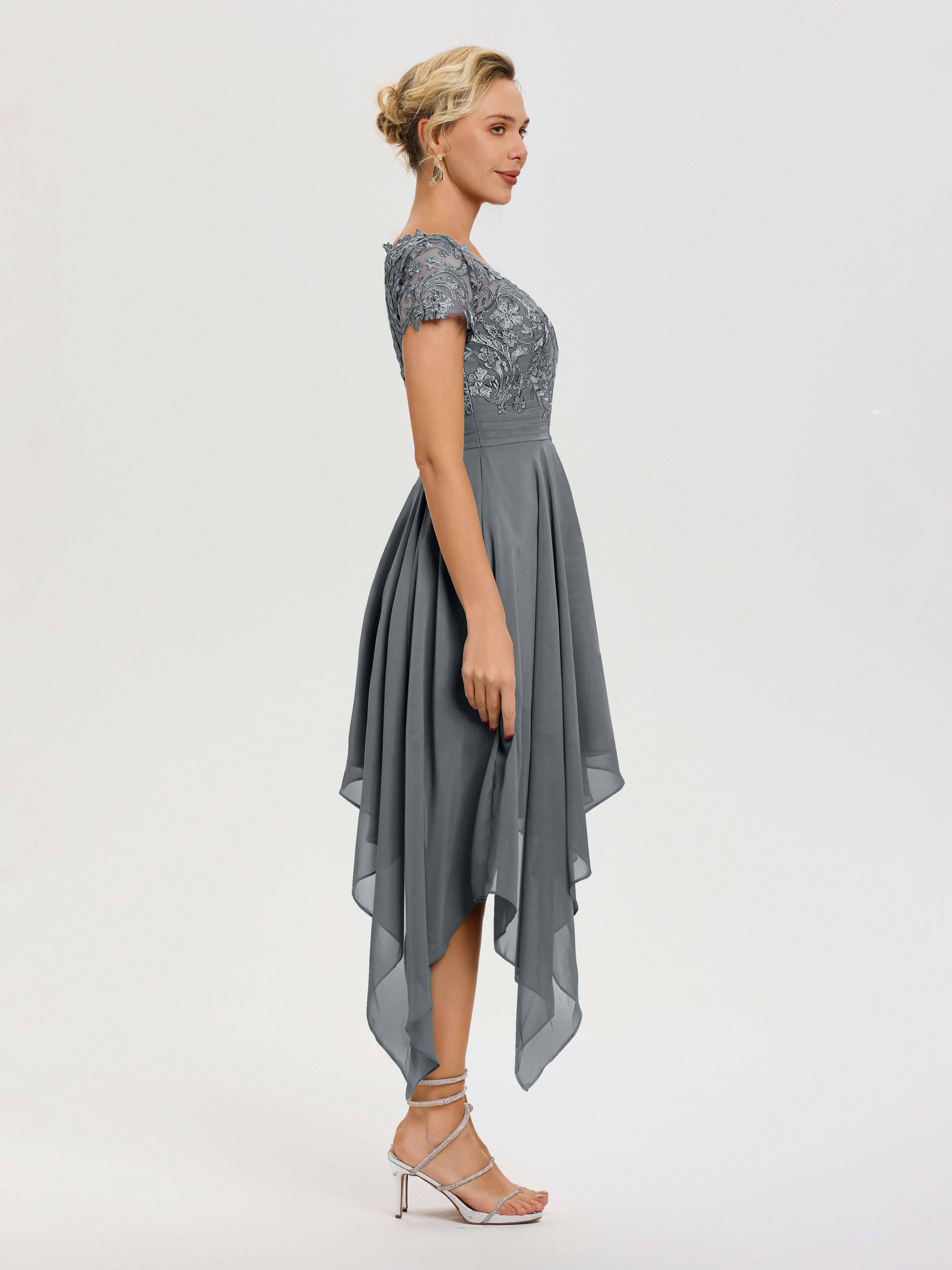 Robe De Mère De Mariée Gris Acier Col V Mousseline&Dentelle Asymétrique Robe Mère De La Mariée