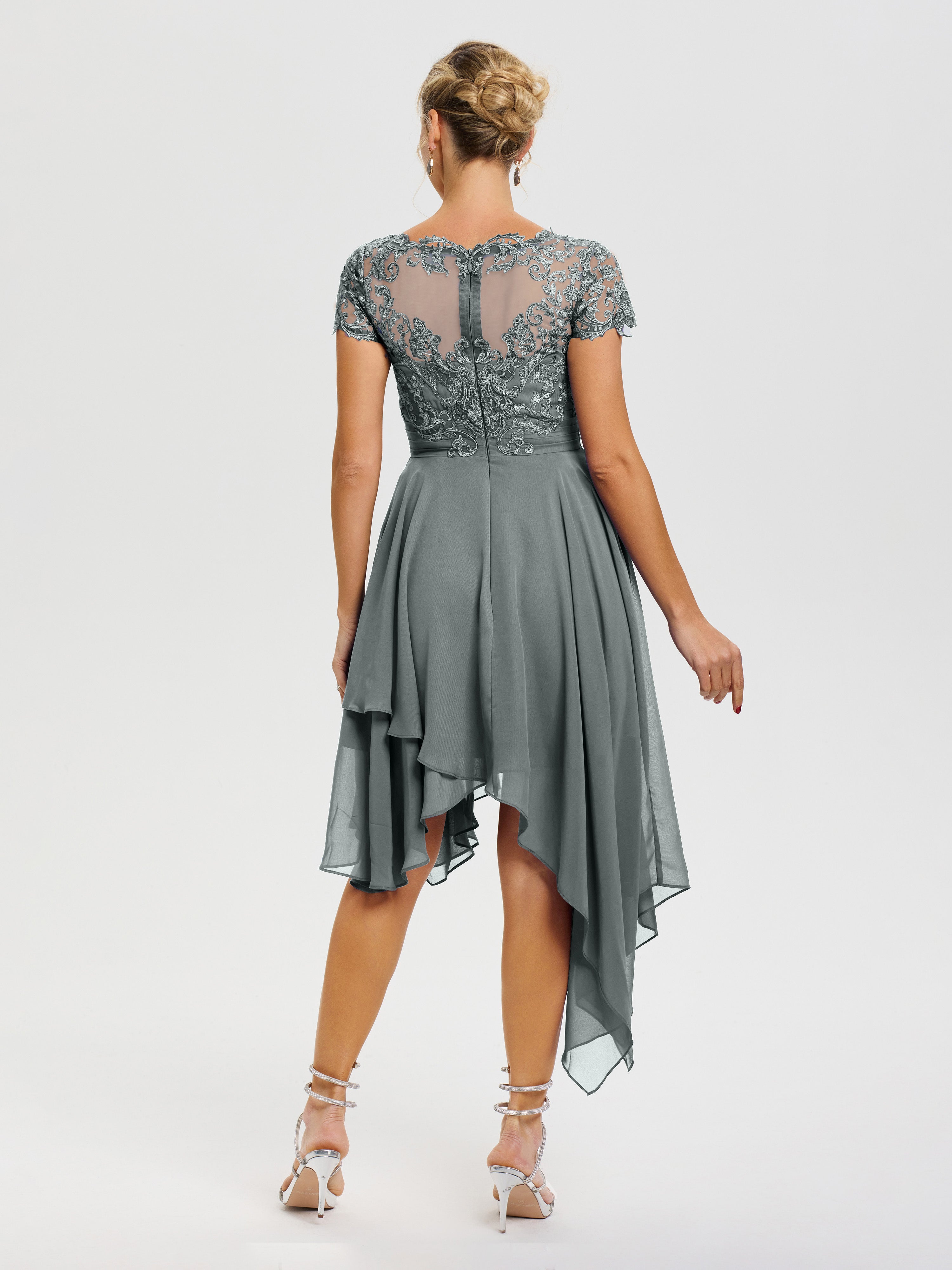 Robe De Mère De Mariée Gris Acier Col V Mousseline&Dentelle Asymétrique Robe Mère De La Mariée