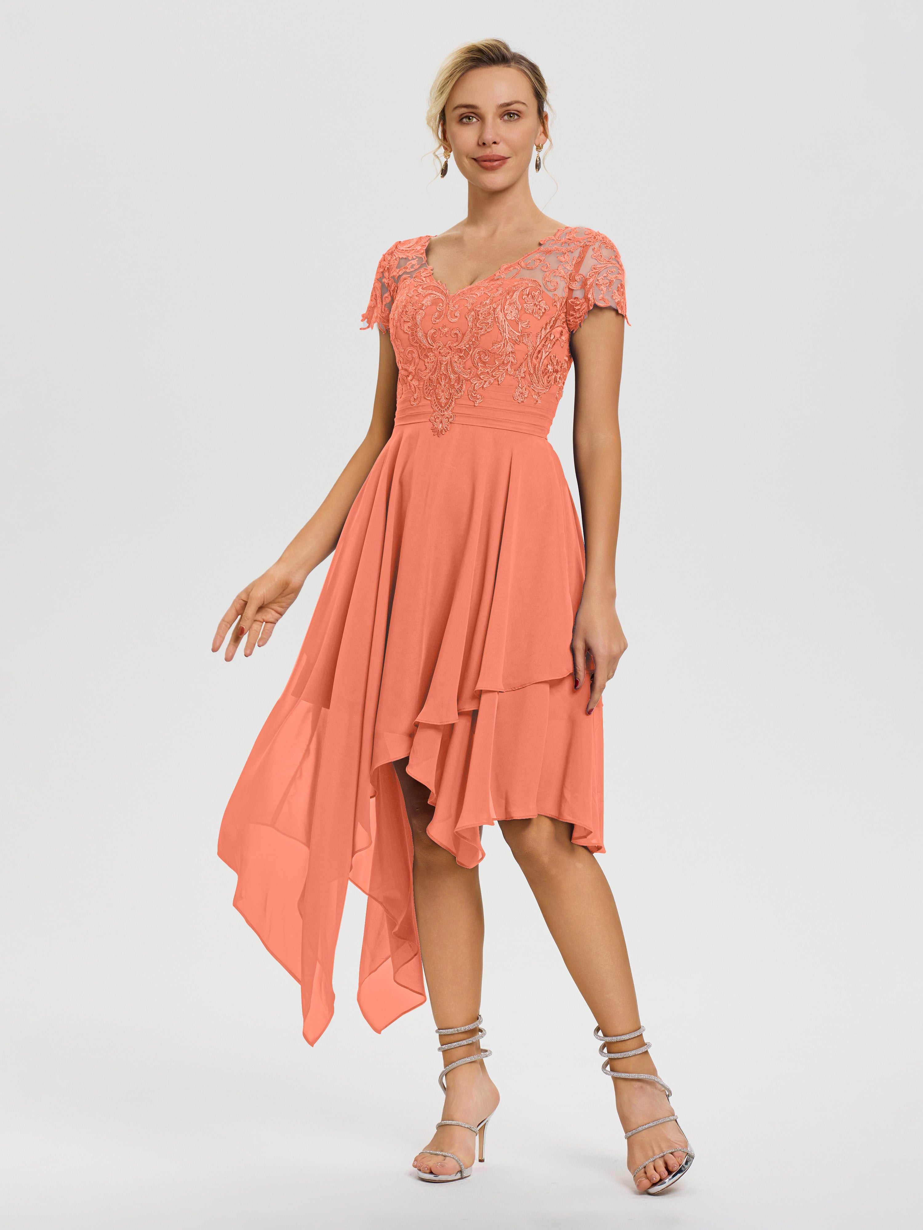 Robe De Mère De Mariée Coucher De Soleil Col V Mousseline&Dentelle Asymétrique Robe Mère De La Mariée