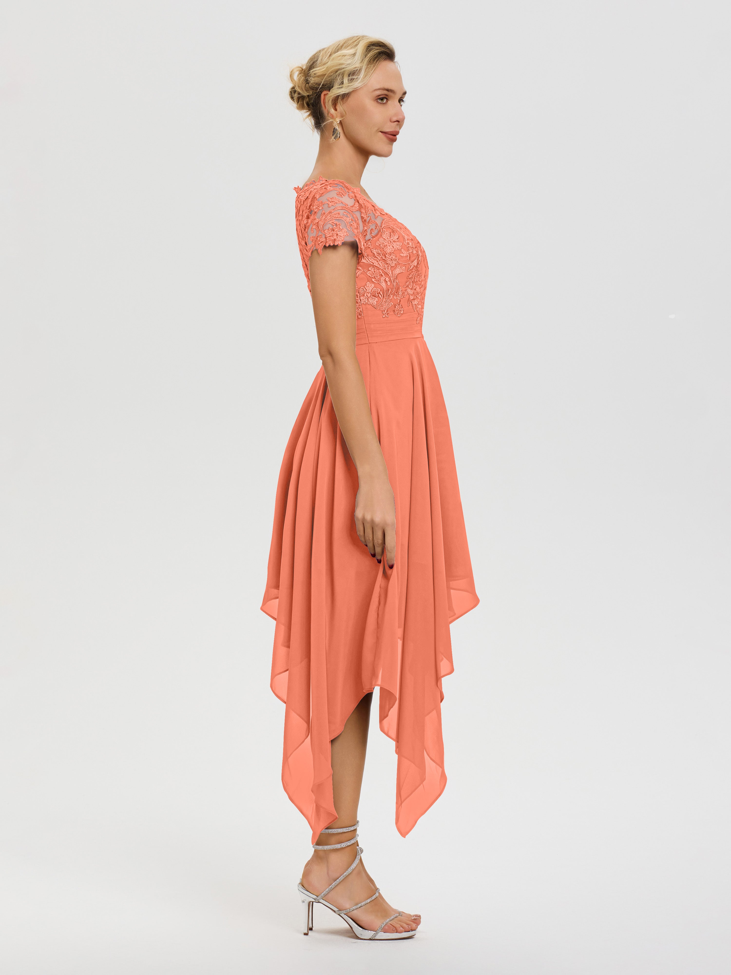 Robe De Mère De Mariée Coucher De Soleil Col V Mousseline&Dentelle Asymétrique Robe Mère De La Mariée