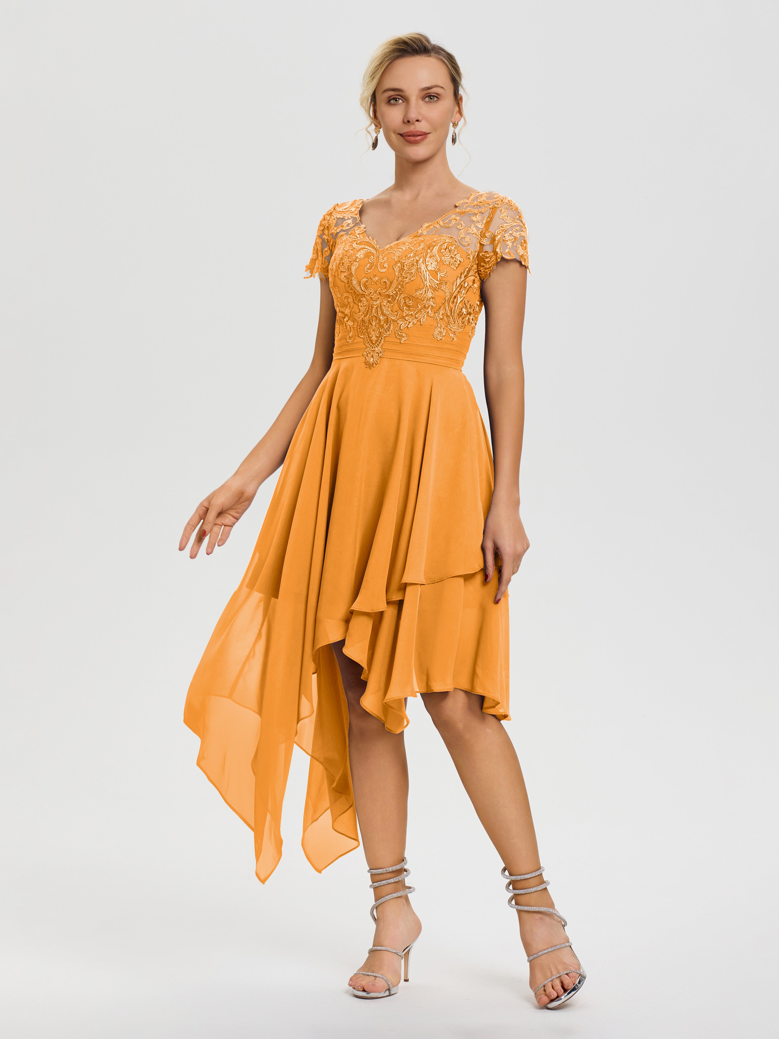Robe De Mère De Mariée Mandarine Col V Mousseline&Dentelle Asymétrique Robe Mère De La Mariée