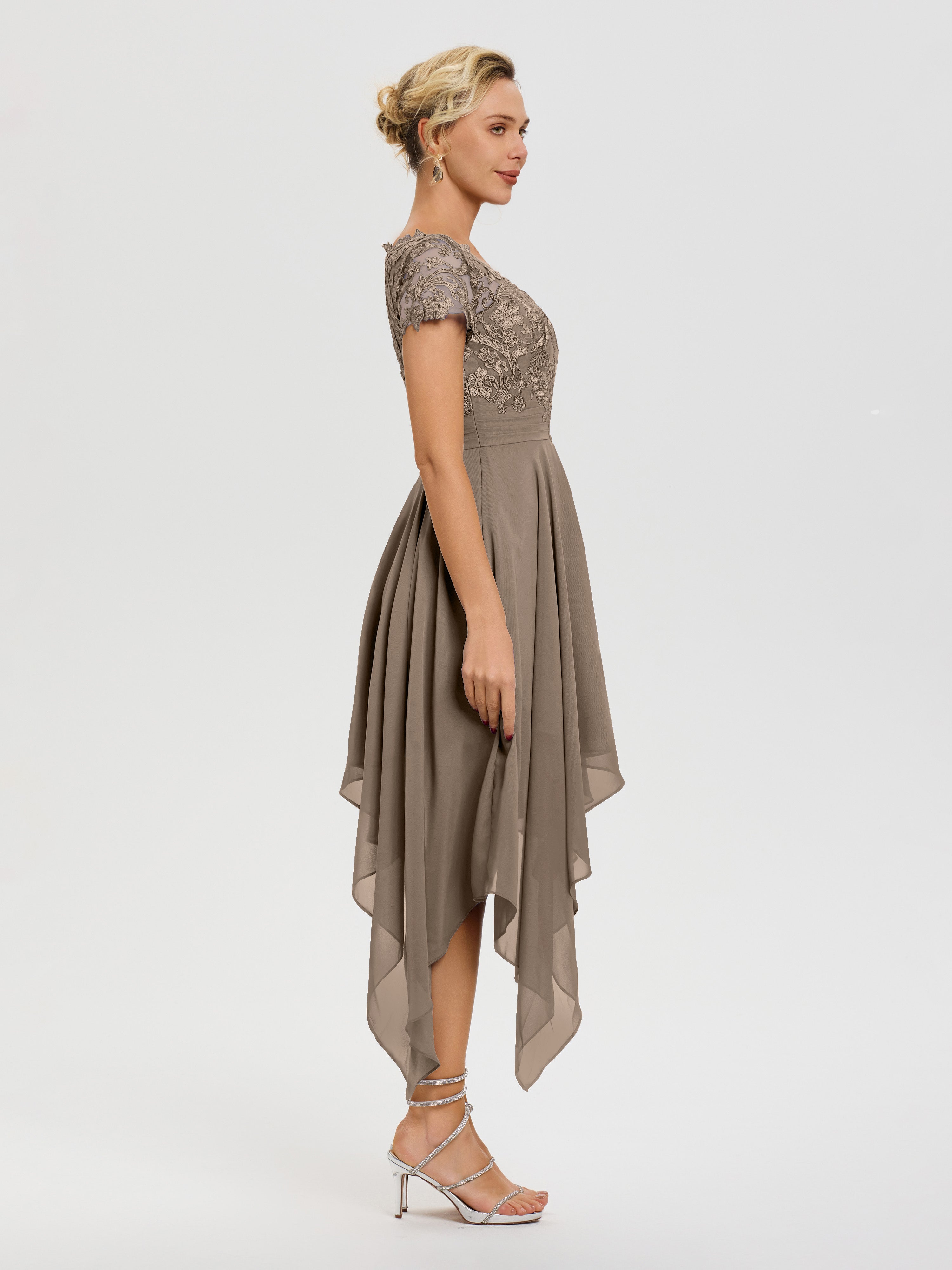 Robe Mère Mariee Taupe Col V Mousseline&Dentelle Asymétrique Robe Mère De La Mariée