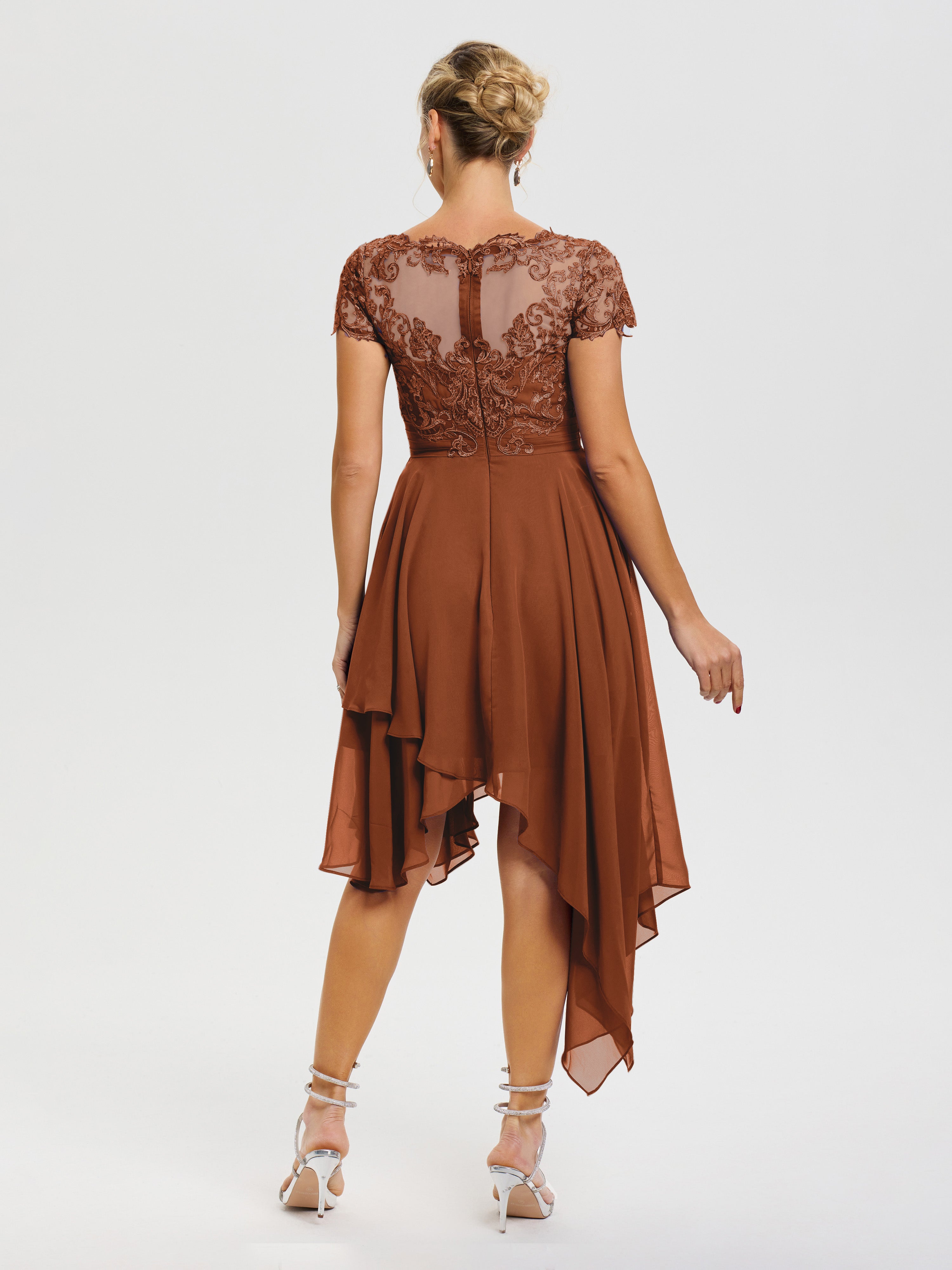Robe Mere De La Mariee Terracotta Col V Mousseline&Dentelle Asymétrique Robe Mère De La Mariée