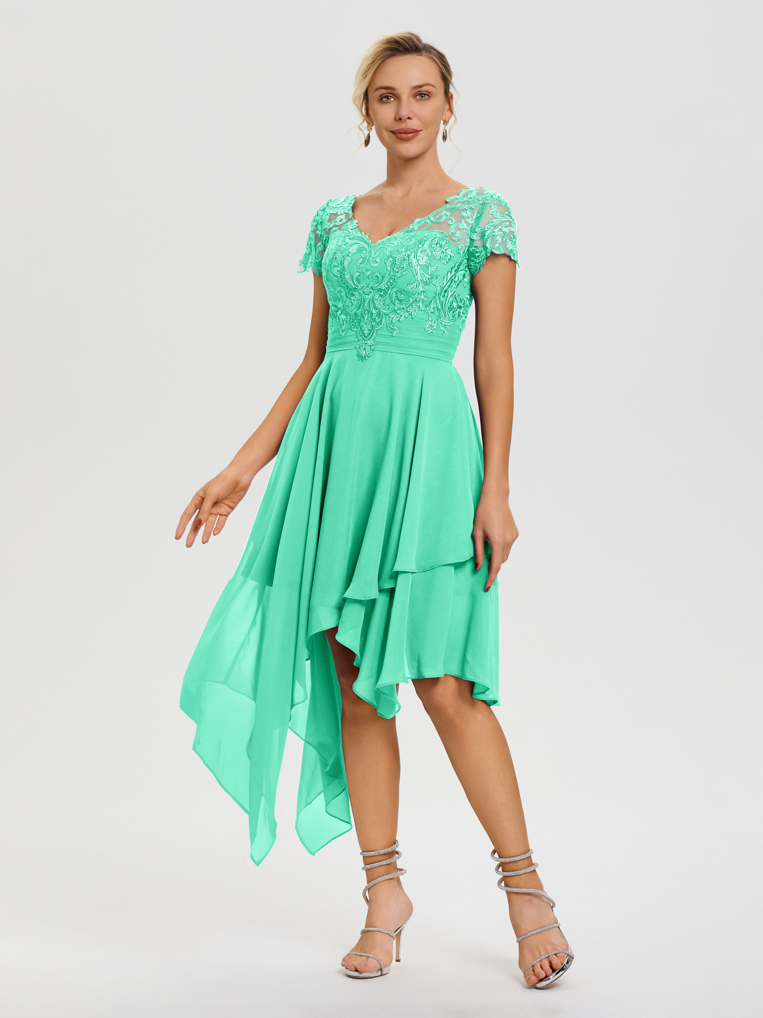 Robe Mère Marié Turquoise Col V Mousseline&Dentelle Asymétrique Robe Mère De La Mariée