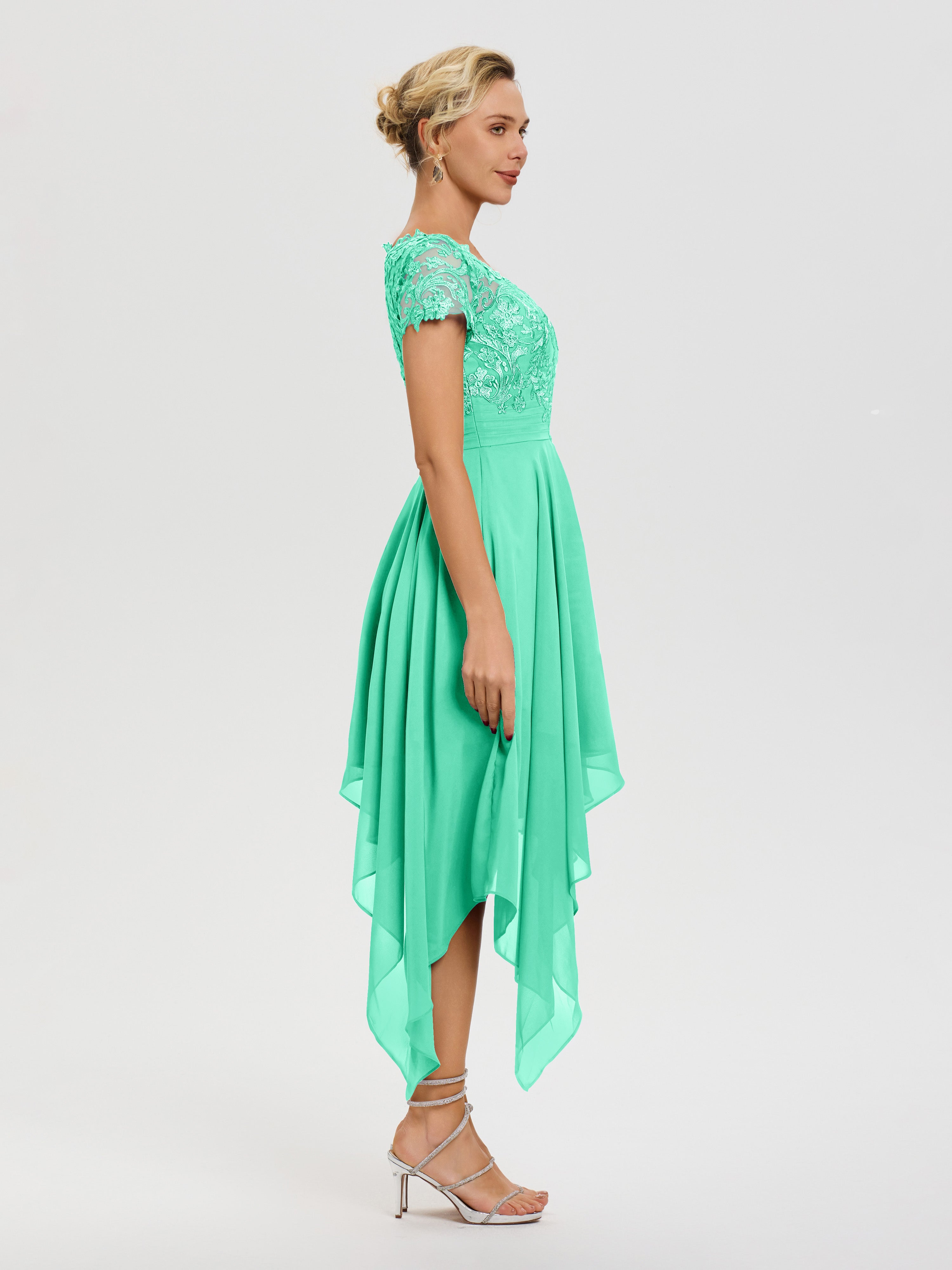 Robe Mère Marié Turquoise Col V Mousseline&Dentelle Asymétrique Robe Mère De La Mariée