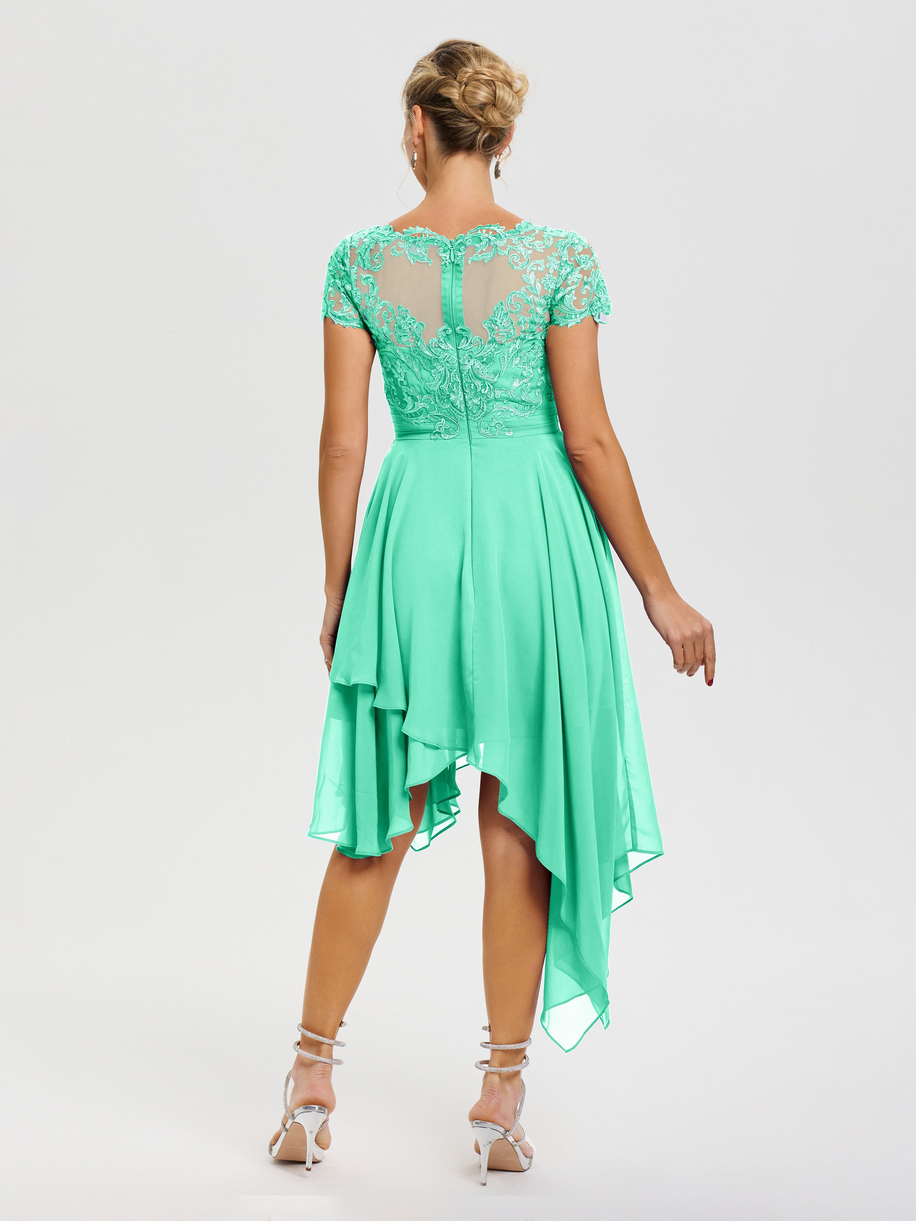 Robe Mère Marié Turquoise Col V Mousseline&Dentelle Asymétrique Robe Mère De La Mariée
