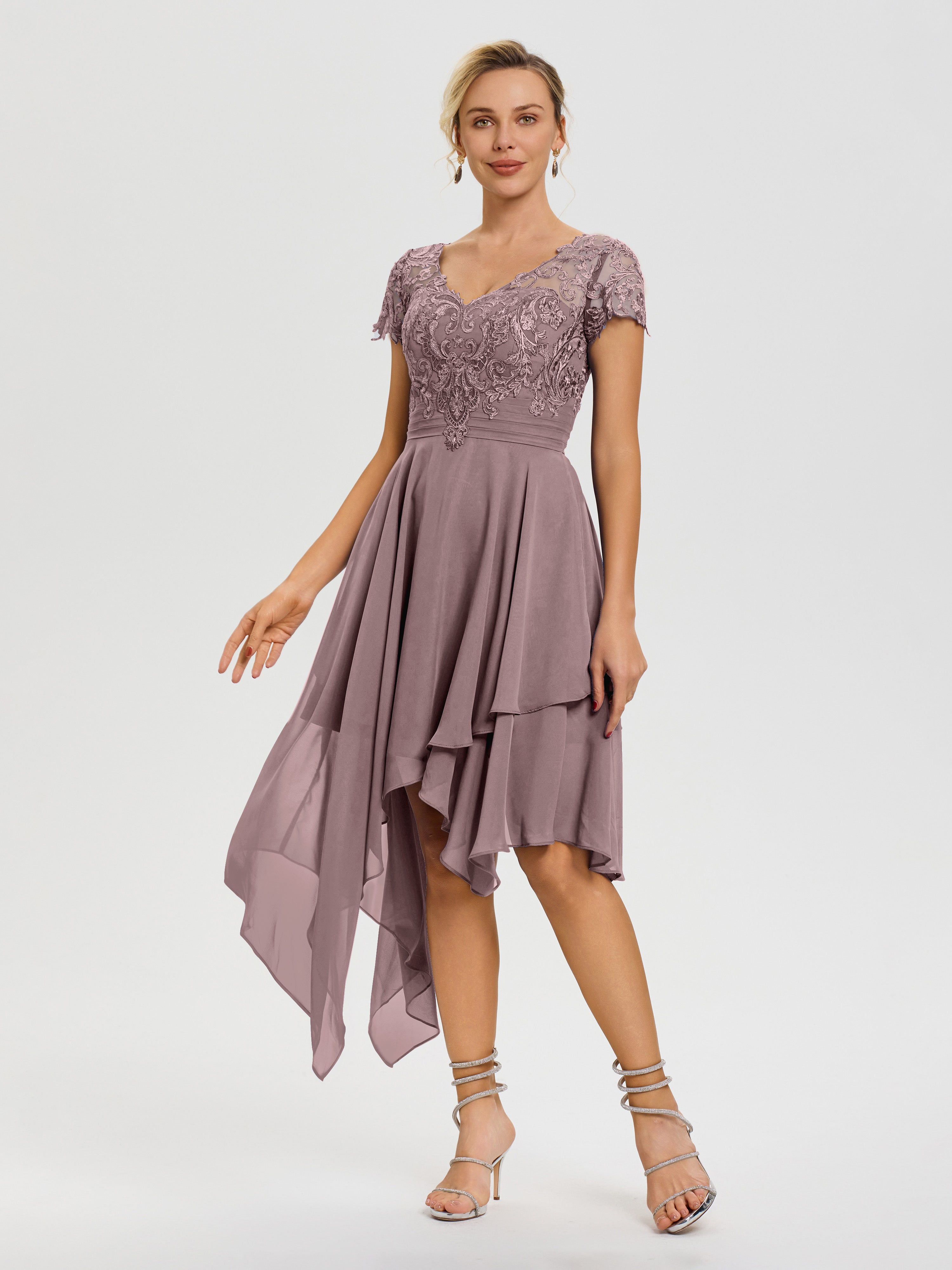 Robe Mère Marié Vintage Mauve Col V Mousseline&Dentelle Asymétrique Robe Mère De La Mariée