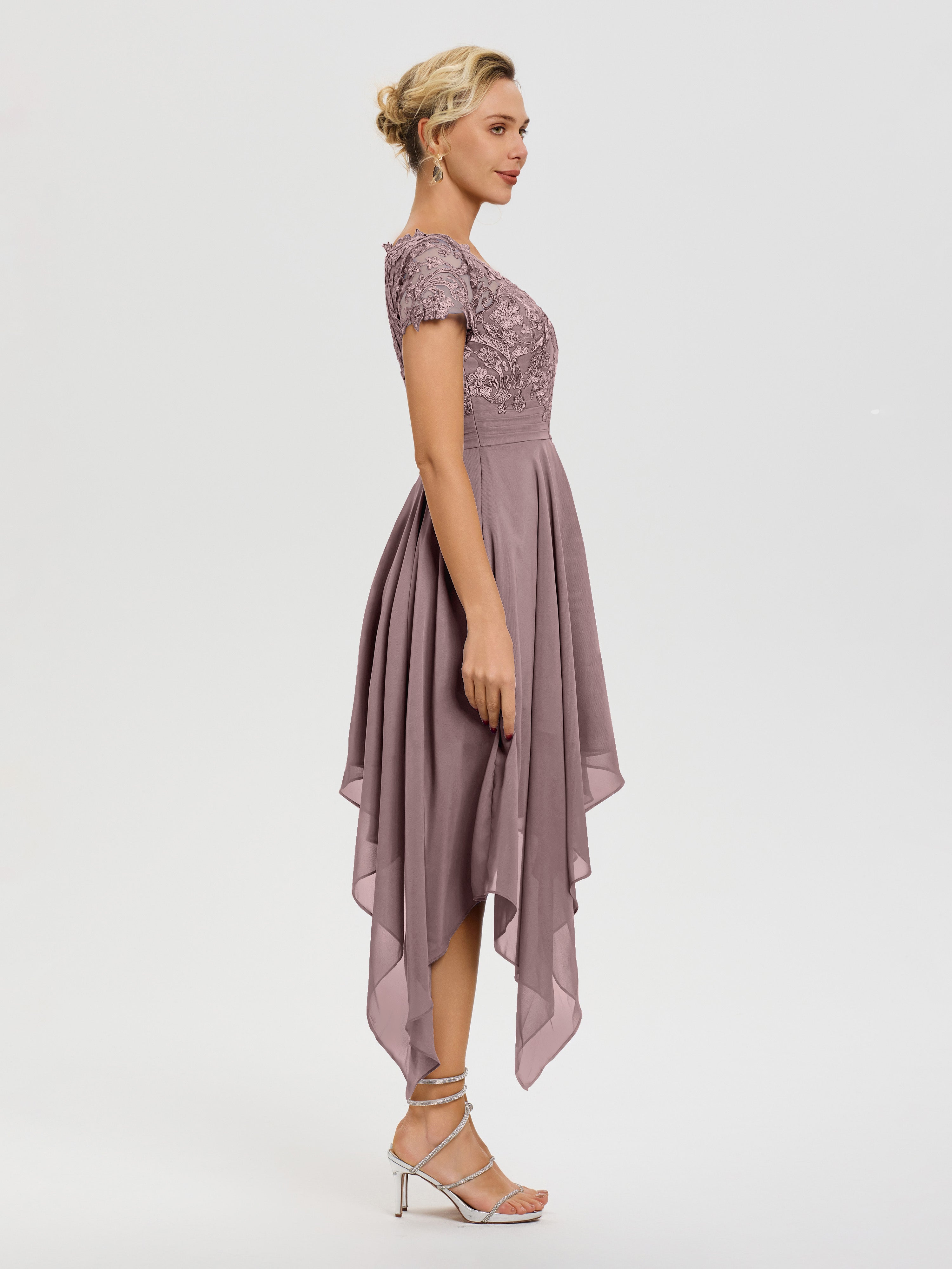 Robe Mère Marié Vintage Mauve Col V Mousseline&Dentelle Asymétrique Robe Mère De La Mariée