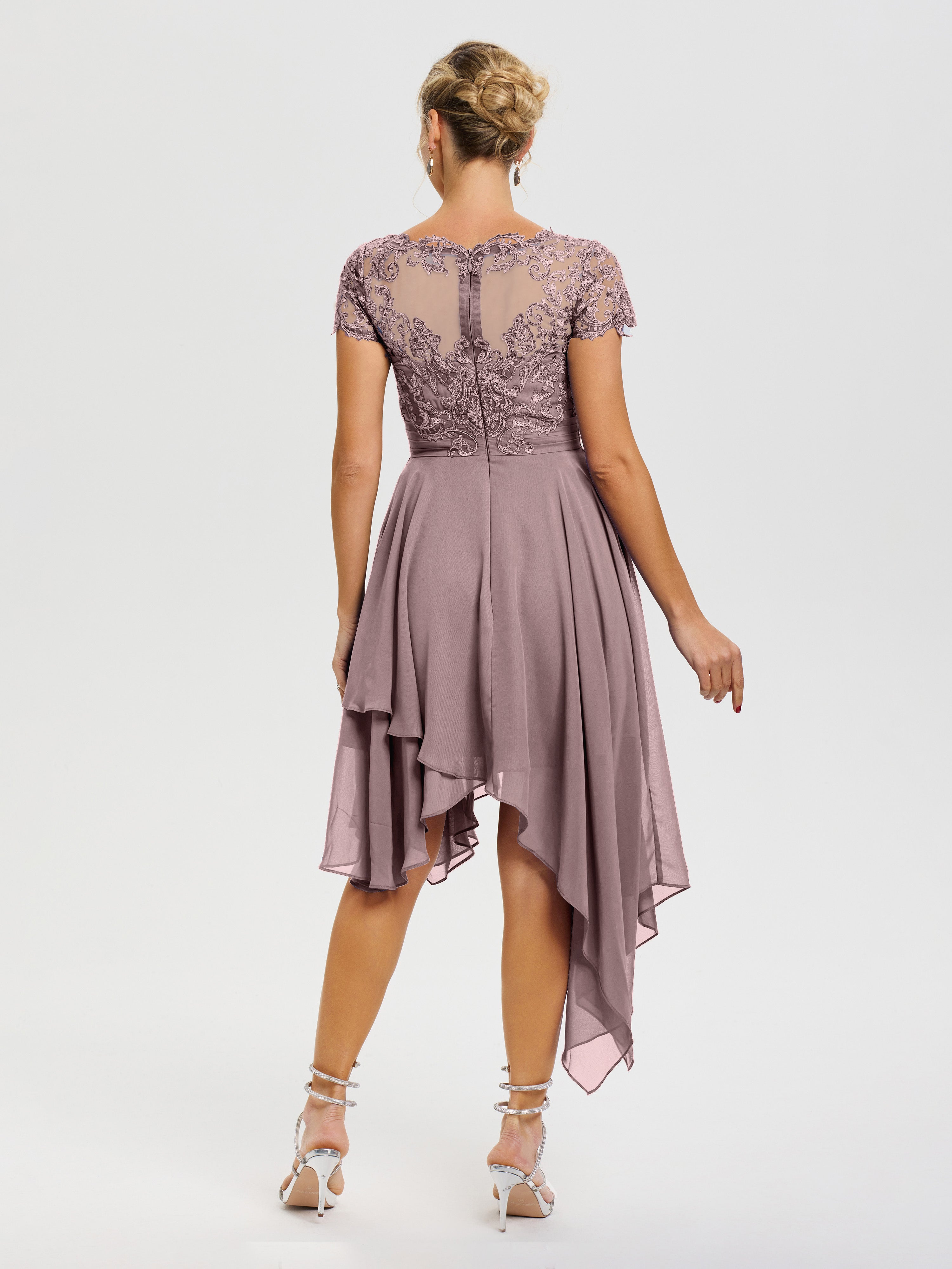 Robe Mère Marié Vintage Mauve Col V Mousseline&Dentelle Asymétrique Robe Mère De La Mariée