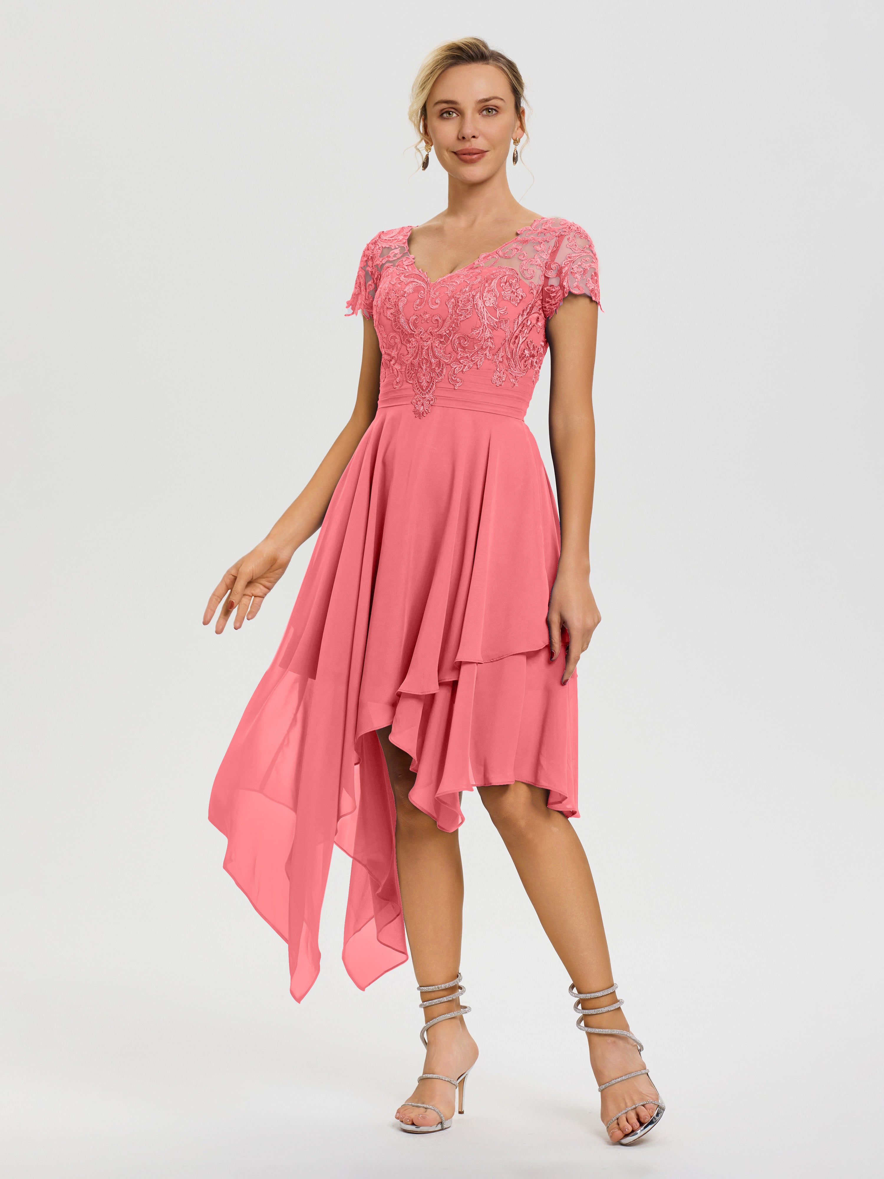 Robe De Mère De La Mariée Pastèque Col V Mousseline&Dentelle Asymétrique Robe Mère De La Mariée