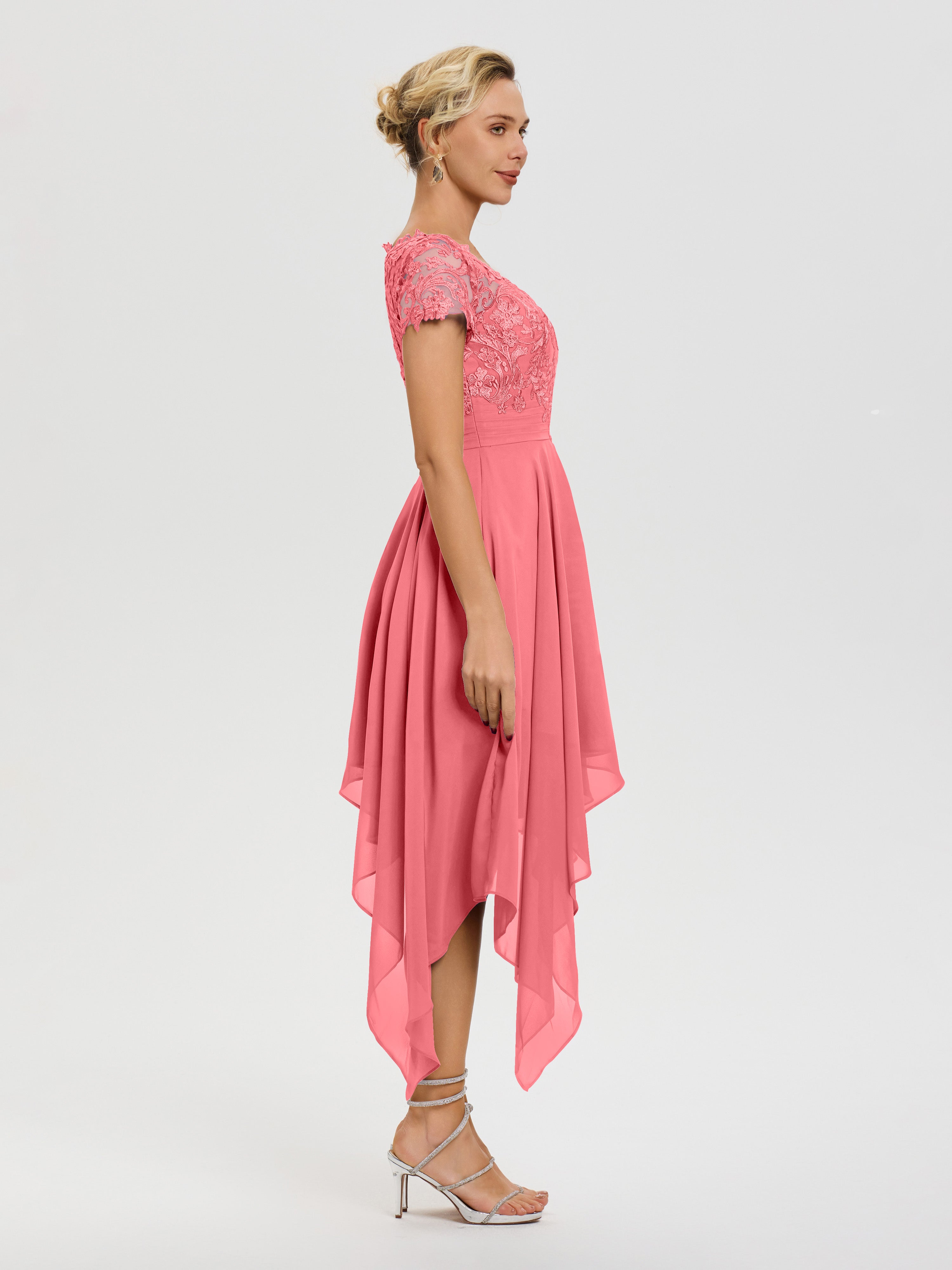 Robe De Mère De La Mariée Pastèque Col V Mousseline&Dentelle Asymétrique Robe Mère De La Mariée