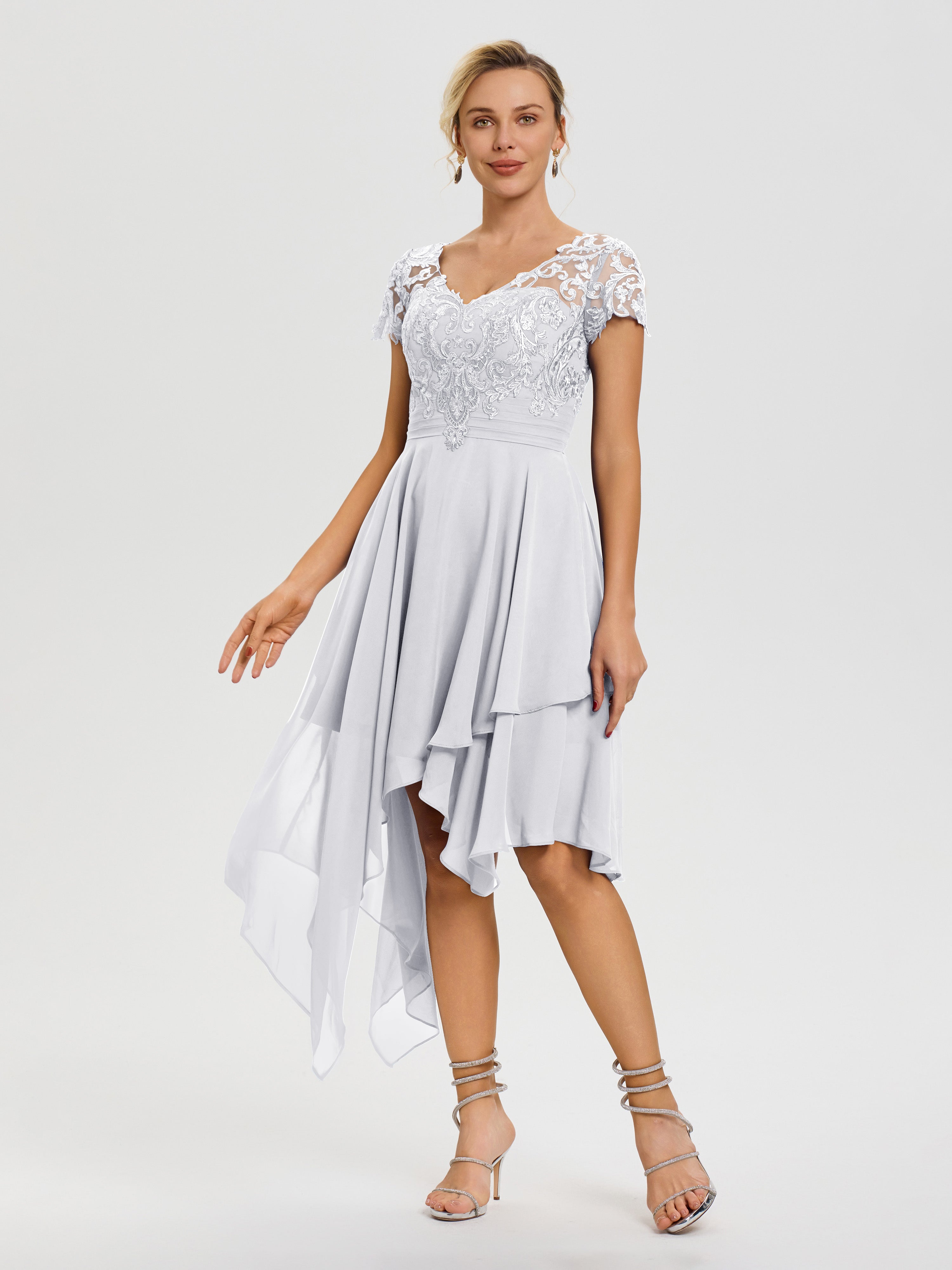 Robe Mère De Mariée Blanc Col V Mousseline&Dentelle Asymétrique Robe Mère De La Mariée