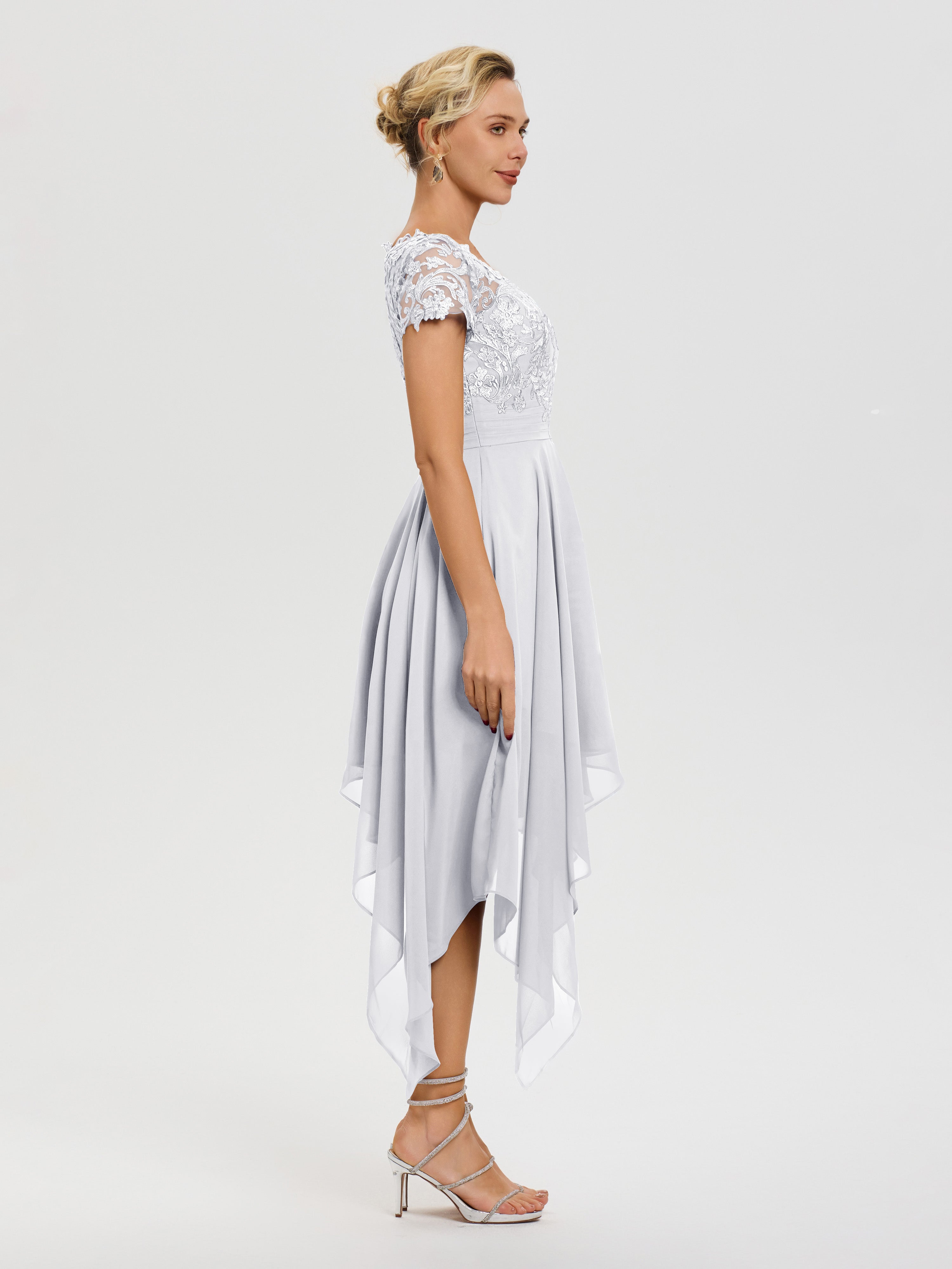 Robe Mère De Mariée Blanc Col V Mousseline&Dentelle Asymétrique Robe Mère De La Mariée