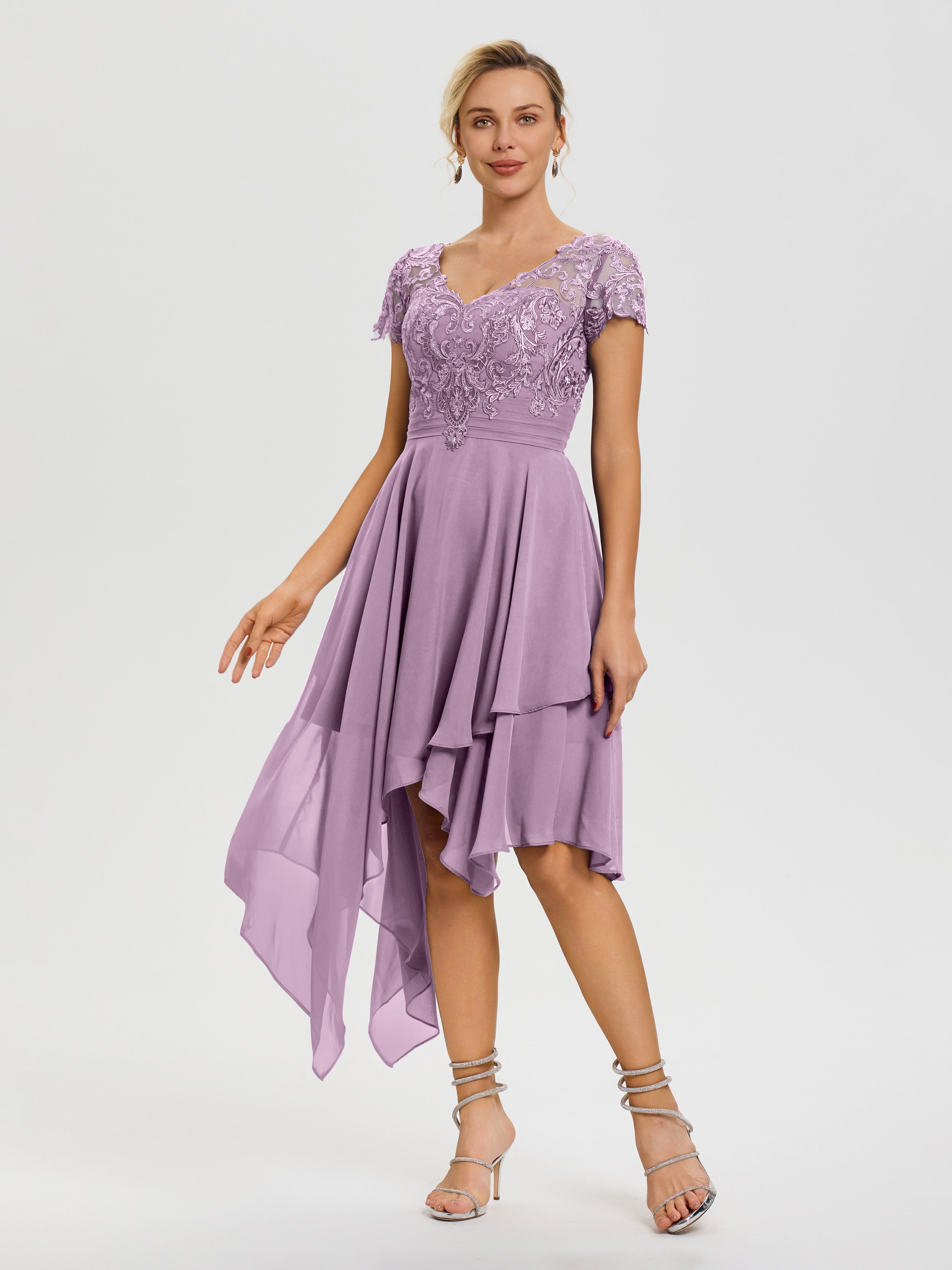 Robe Pour La Mère Du Marié Glycine Col V Mousseline&Dentelle Asymétrique Robe Mère De La Mariée