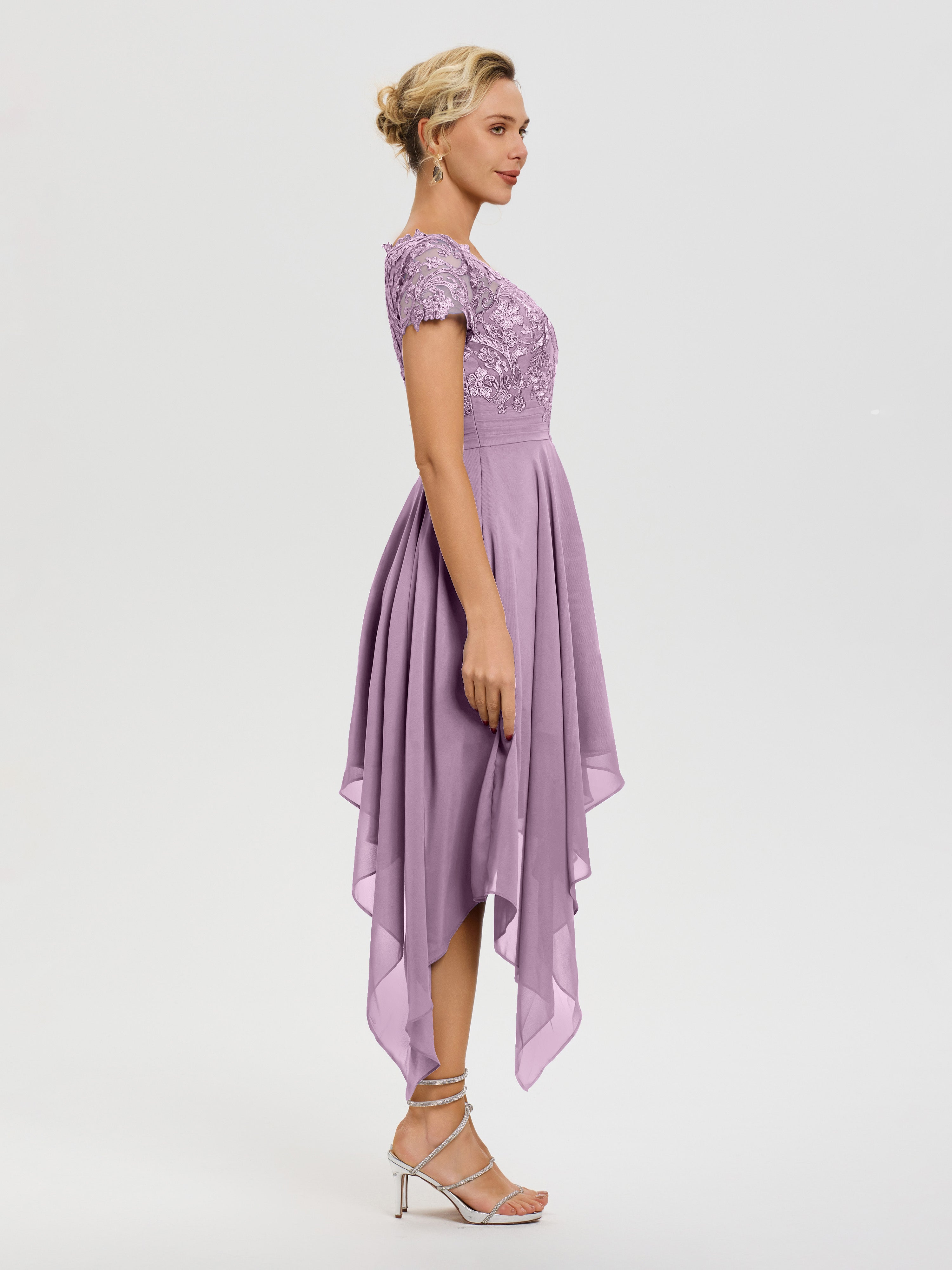Robe Pour La Mère Du Marié Glycine Col V Mousseline&Dentelle Asymétrique Robe Mère De La Mariée