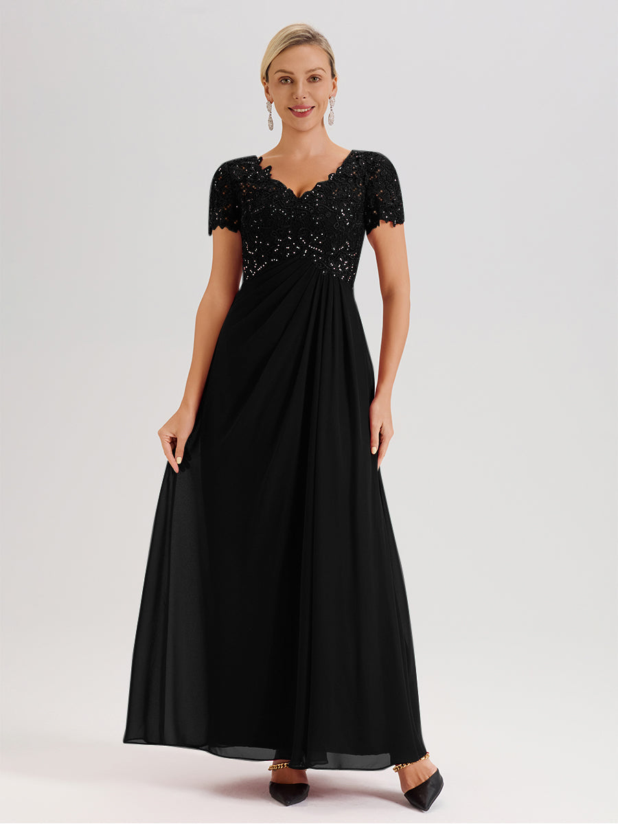 Cicinia Tenue Mère De La Mariée Très Chic Noir Dentelle Et Mousseline Avec Mancherons Col V Fluide Trapèze
