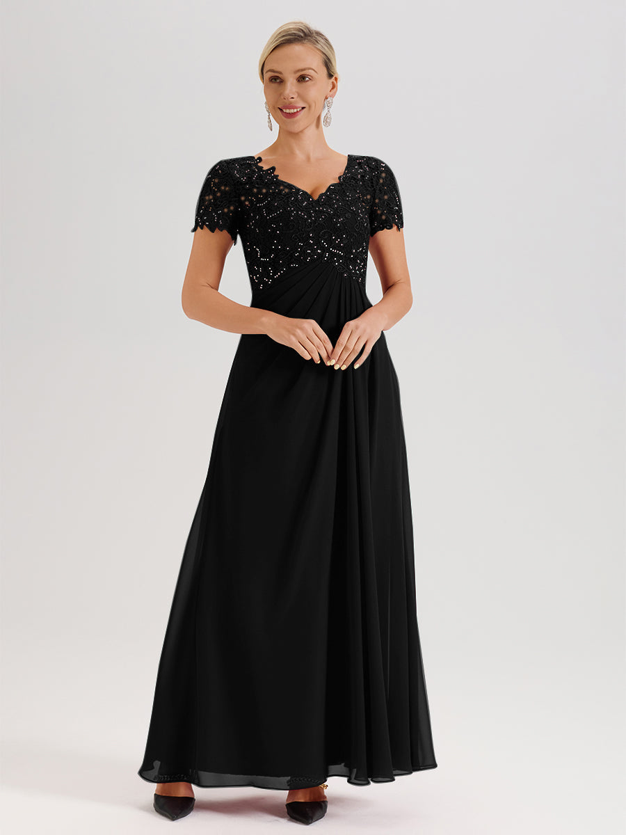 Cicinia Tenue Mère De La Mariée Très Chic Noir Dentelle Et Mousseline Avec Mancherons Col V Fluide Trapèze
