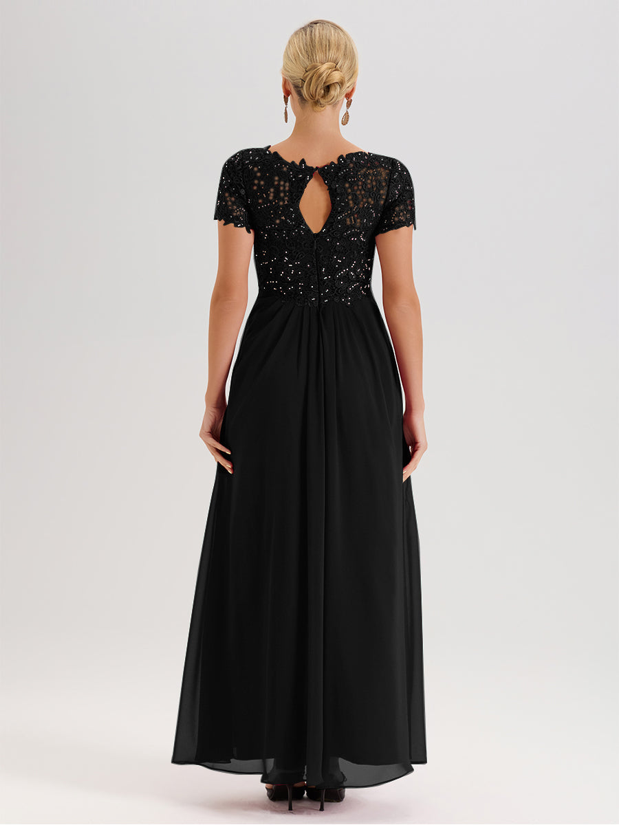 Cicinia Tenue Mère De La Mariée Très Chic Noir Dentelle Et Mousseline Avec Mancherons Col V Fluide Trapèze
