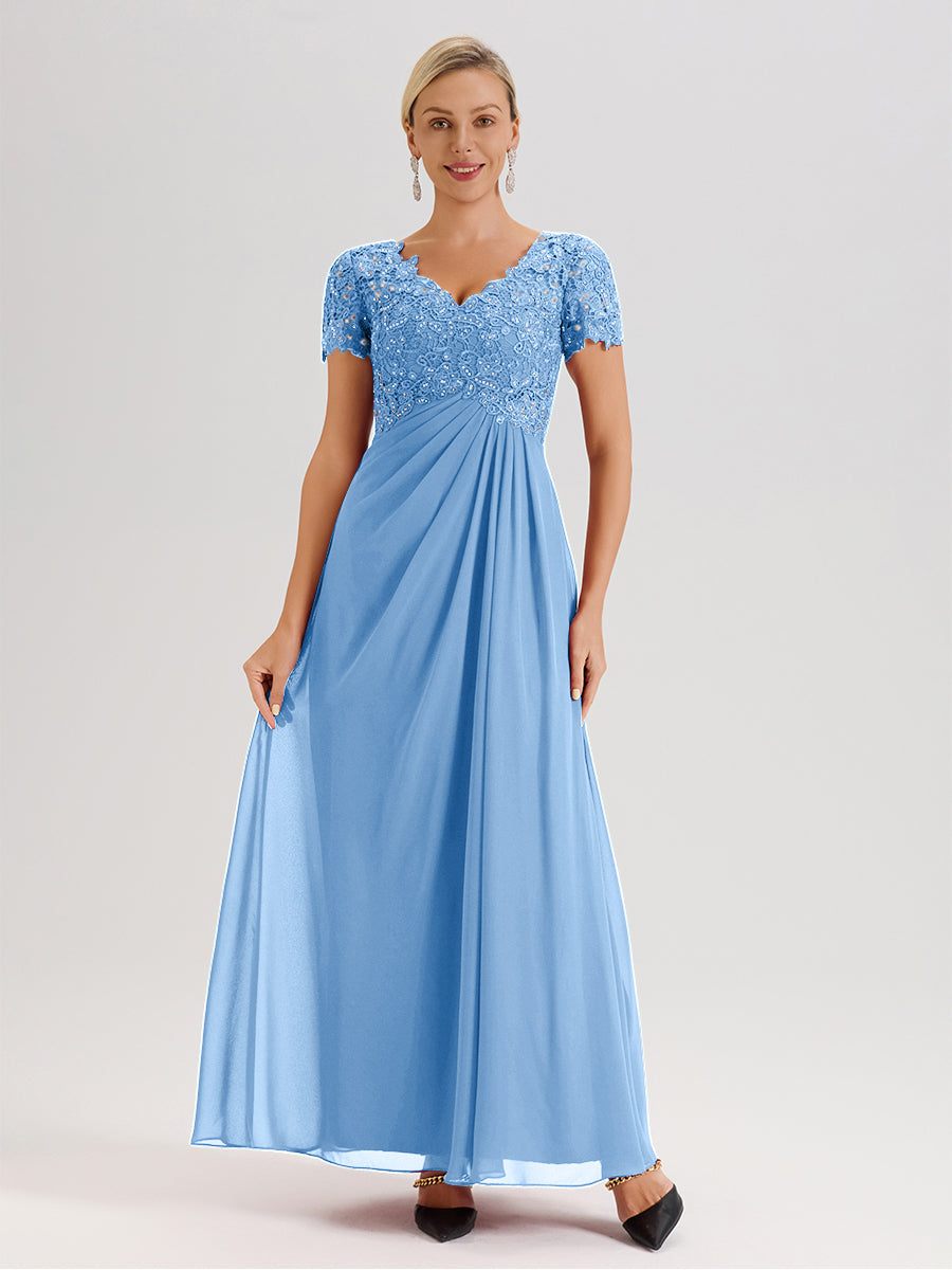 Cicinia Tenue Mère De La Mariée Très Chic Bleu Dentelle Et Mousseline Avec Mancherons Col V Fluide Trapèze