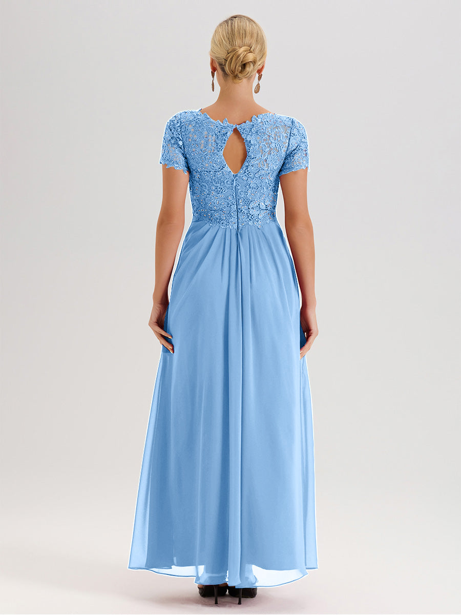 Cicinia Tenue Mère De La Mariée Très Chic Bleu Dentelle Et Mousseline Avec Mancherons Col V Fluide Trapèze