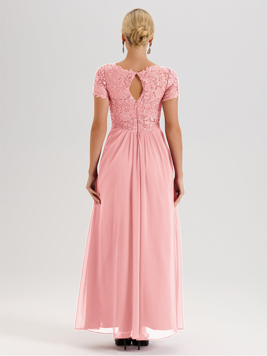 Cicinia Tenue Mère De La Mariée Très Chic Rose Dentelle Et Mousseline Avec Mancherons Col V Fluide Trapèze