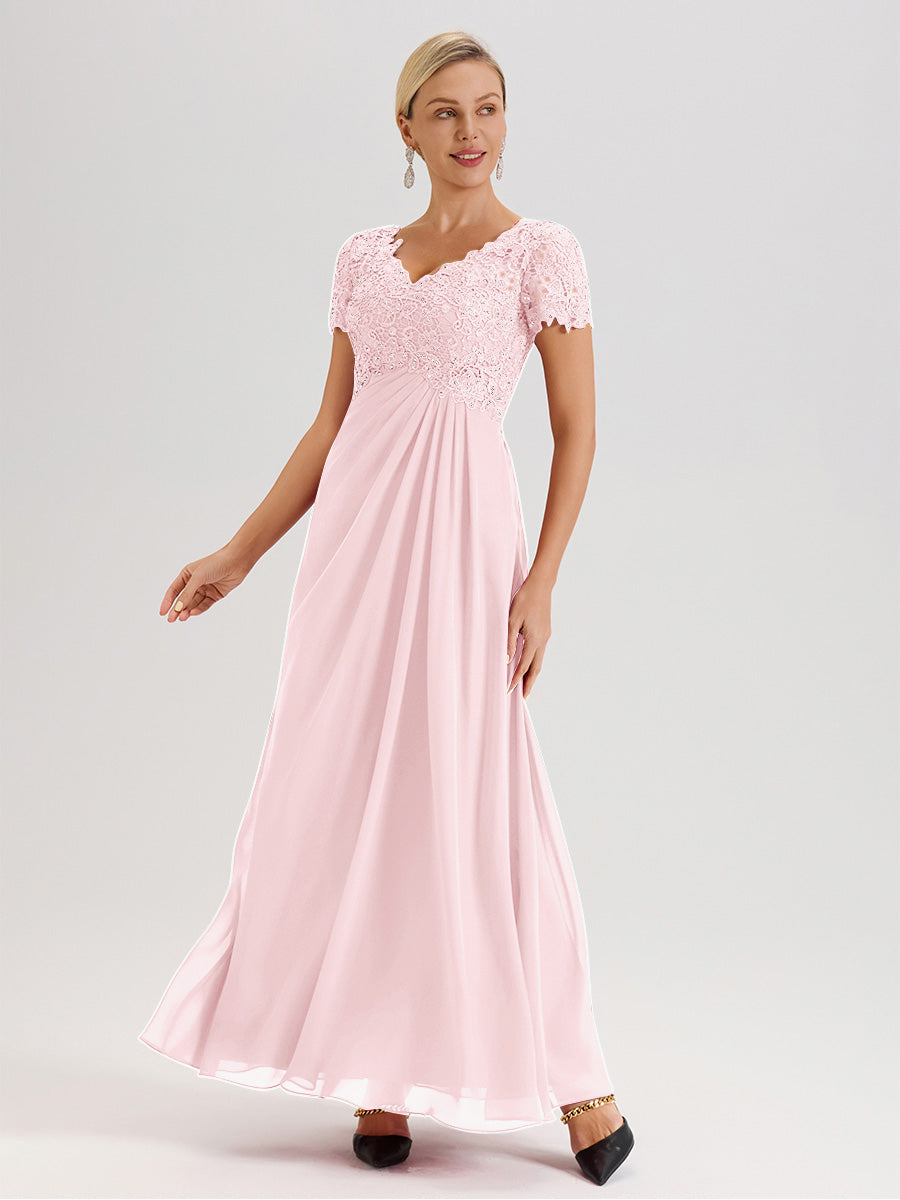 Cicinia Tenue Mère De La Mariée Très Chic Rose Pale Dentelle Et Mousseline Avec Mancherons Col V Fluide Trapèze