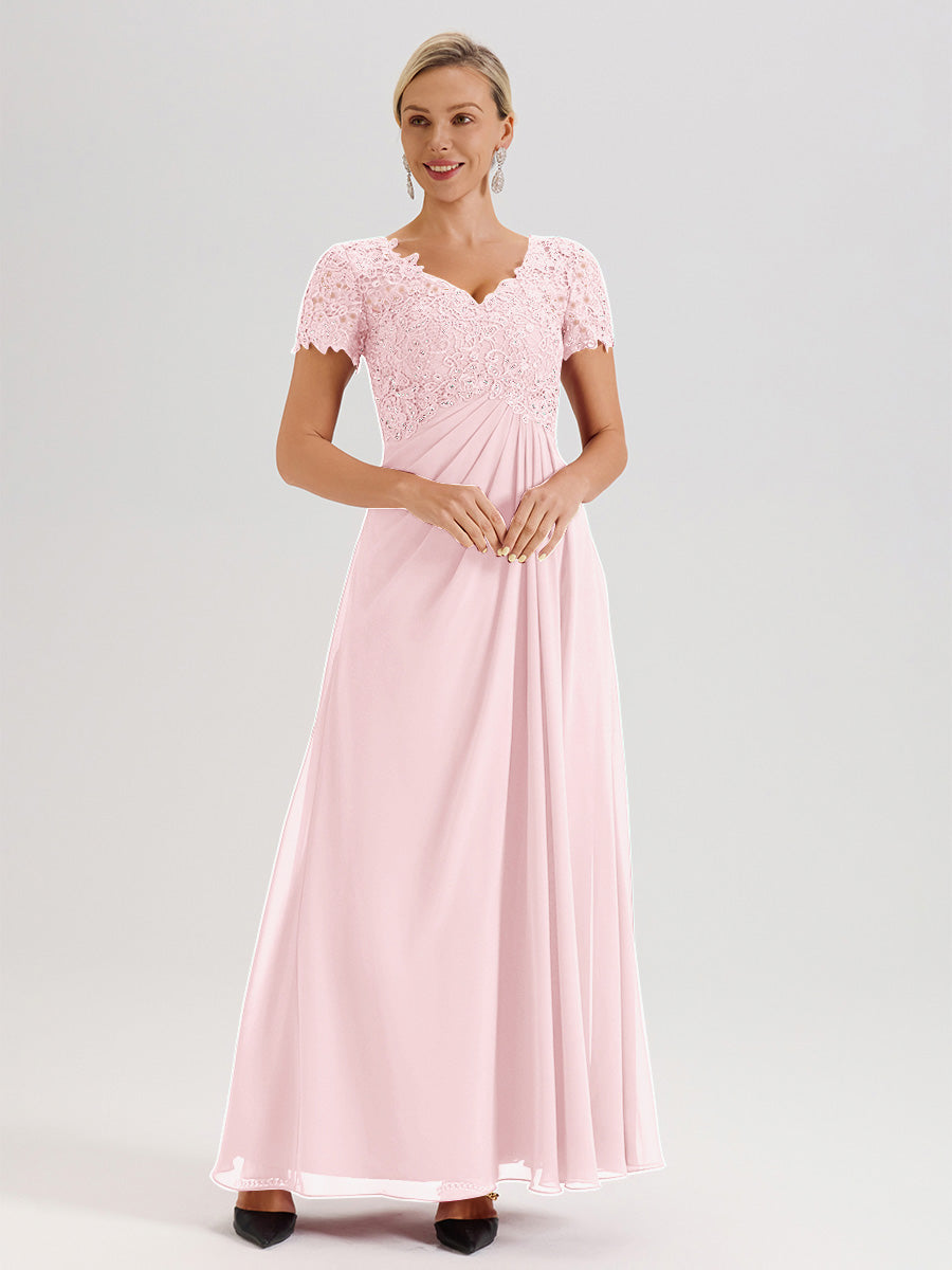 Cicinia Tenue Mère De La Mariée Très Chic Rose Pale Dentelle Et Mousseline Avec Mancherons Col V Fluide Trapèze