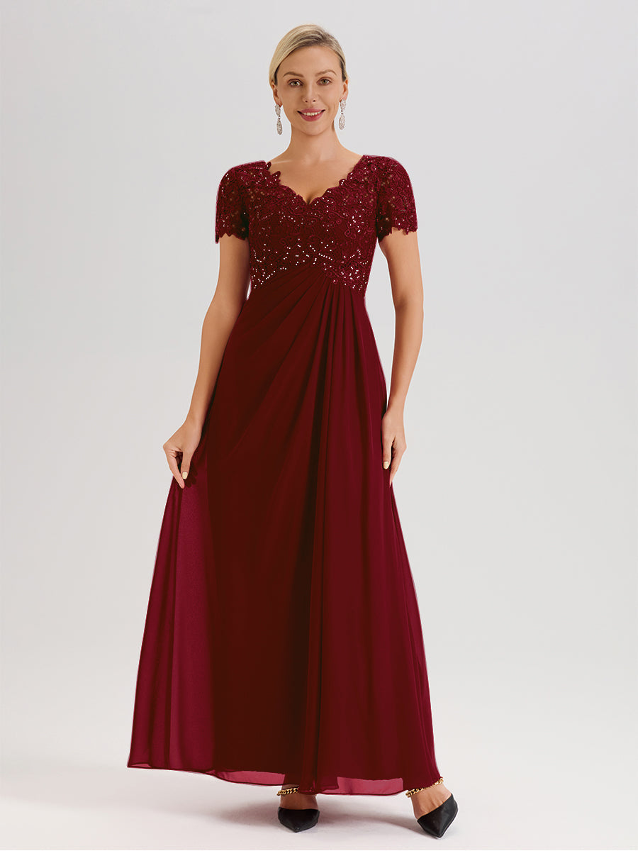 Cicinia Tenue Mère De La Mariée Très Chic Bordeaux Dentelle Et Mousseline Avec Mancherons Col V Fluide Trapèze
