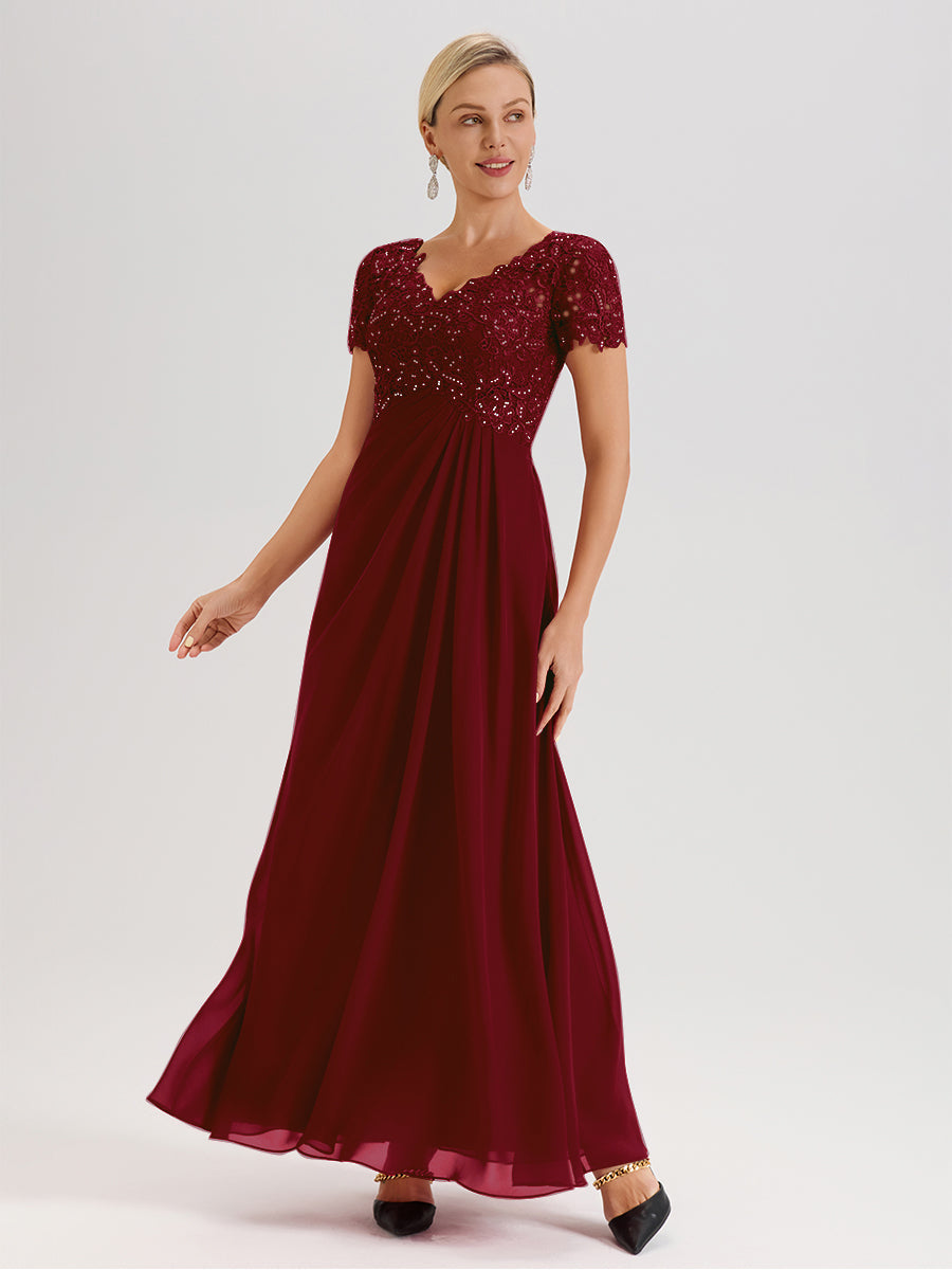 Cicinia Tenue Mère De La Mariée Très Chic Bordeaux Dentelle Et Mousseline Avec Mancherons Col V Fluide Trapèze