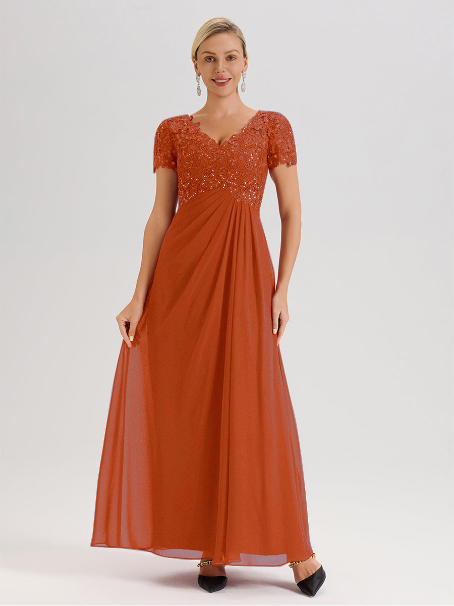Cicinia Tenue Mère De La Mariée Très Chic Orange Brûlé Dentelle Et Mousseline Avec Mancherons Col V Fluide Trapèze