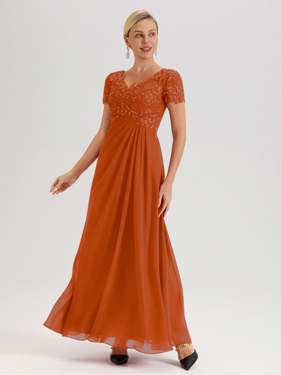 Cicinia Tenue Mère De La Mariée Très Chic Orange Brûlé Dentelle Et Mousseline Avec Mancherons Col V Fluide Trapèze