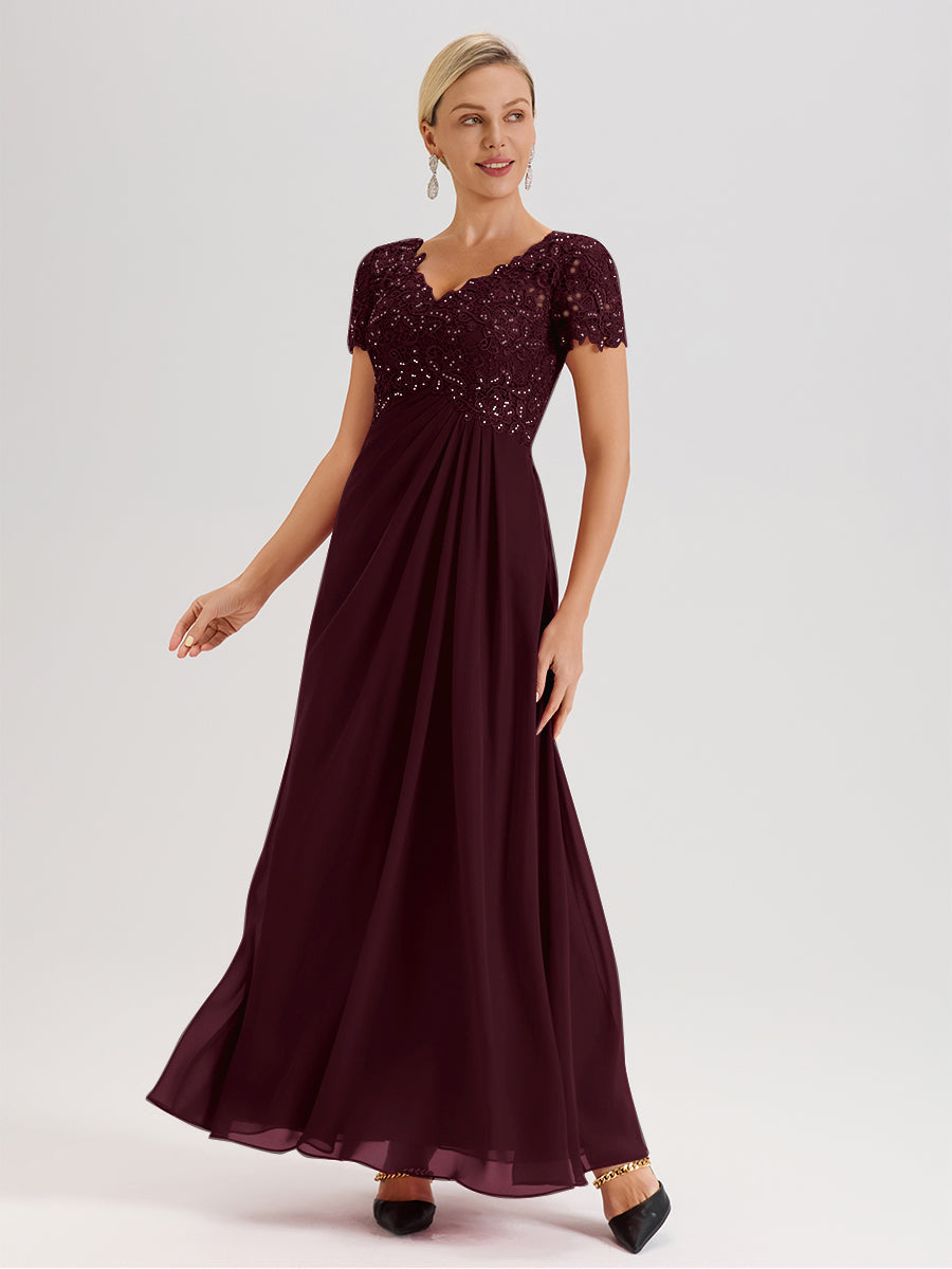 Cicinia Tenue Mère De La Mariée Très Chic Cabernet Dentelle Et Mousseline Avec Mancherons Col V Fluide Trapèze