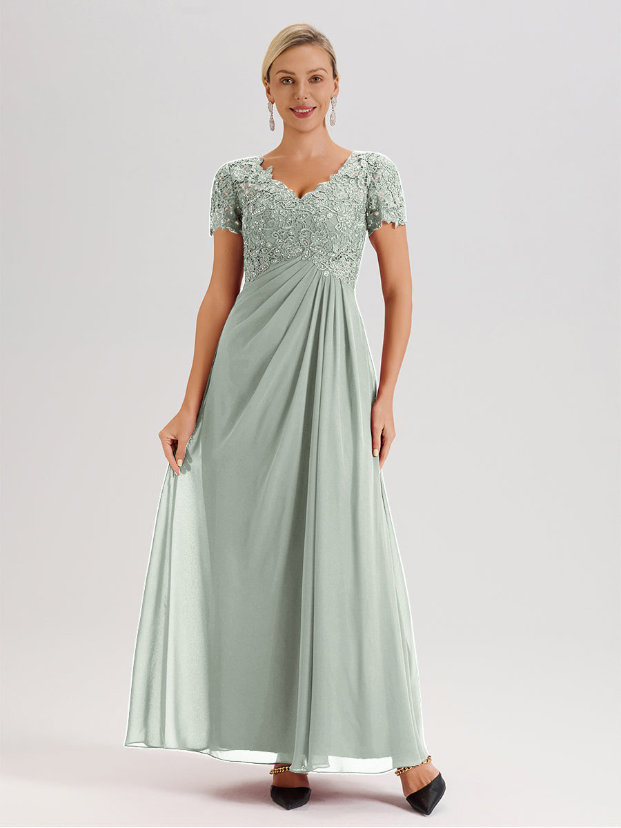 Cicinia Tenue Mère De La Mariée Très Chic Celadon Dentelle Et Mousseline Avec Mancherons Col V Fluide Trapèze