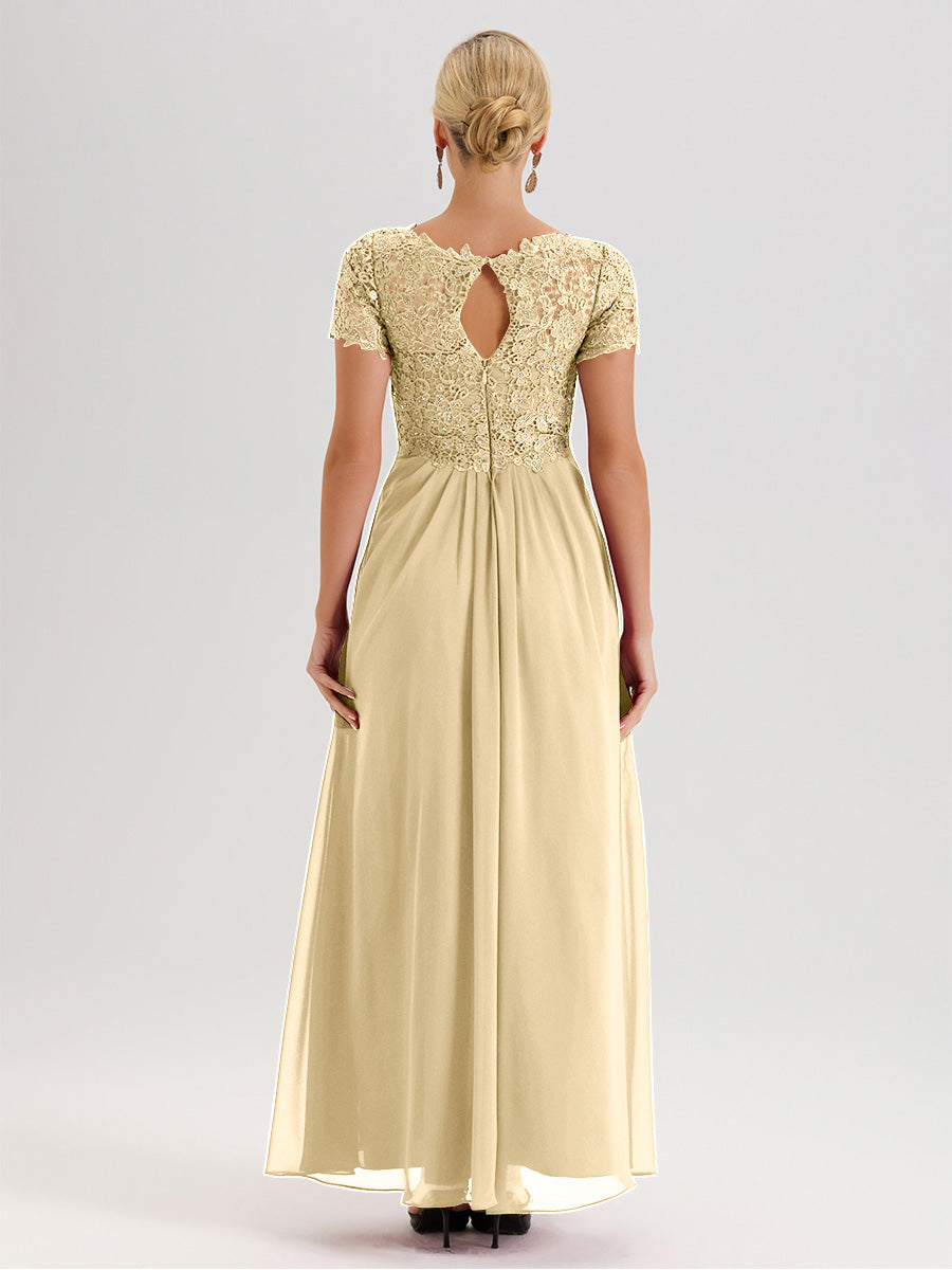 Cicinia Tenue Mère De La Mariée Très Chic Couleur Champagne Dentelle Et Mousseline Avec Mancherons Col V Fluide Trapèze