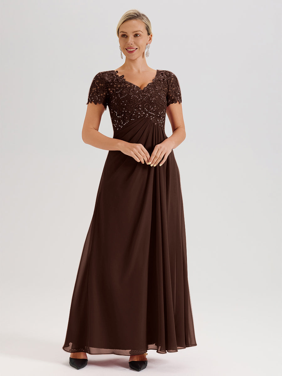 Cicinia Tenue Mère De La Mariée Très Chic En Chocolat Dentelle Et Mousseline Avec Mancherons Col V Fluide Trapèze