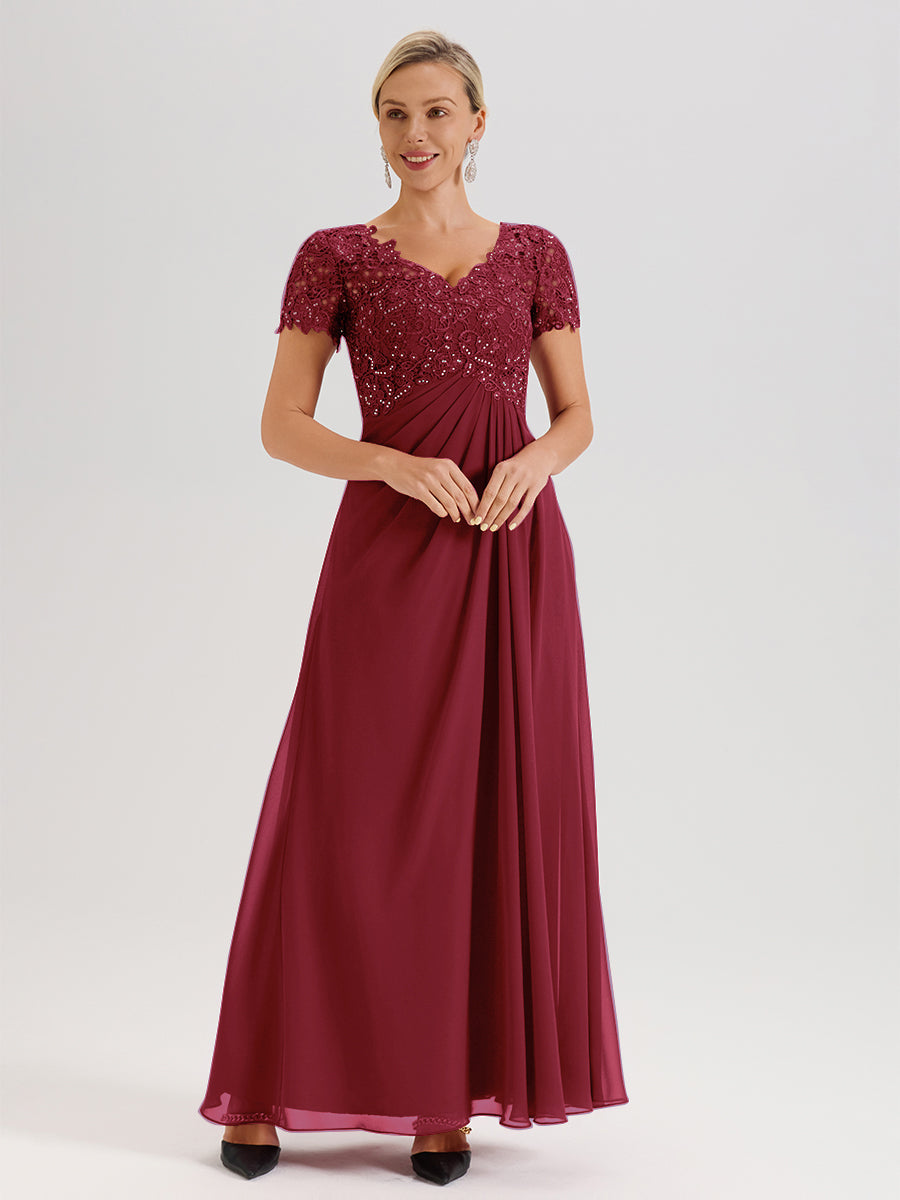 Cicinia Tenue Mère De La Mariée Très Chic Couleur Rose Cannelle Dentelle Et Mousseline Avec Mancherons Col V Fluide Trapèze