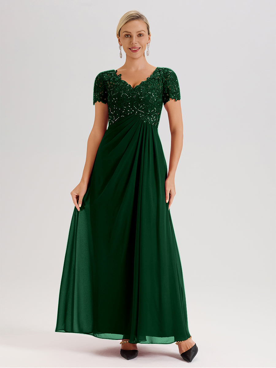 Cicinia Tenue Mère De La Mariée Très Chic Vert Foncé Dentelle Et Mousseline Avec Mancherons Col V Fluide Trapèze