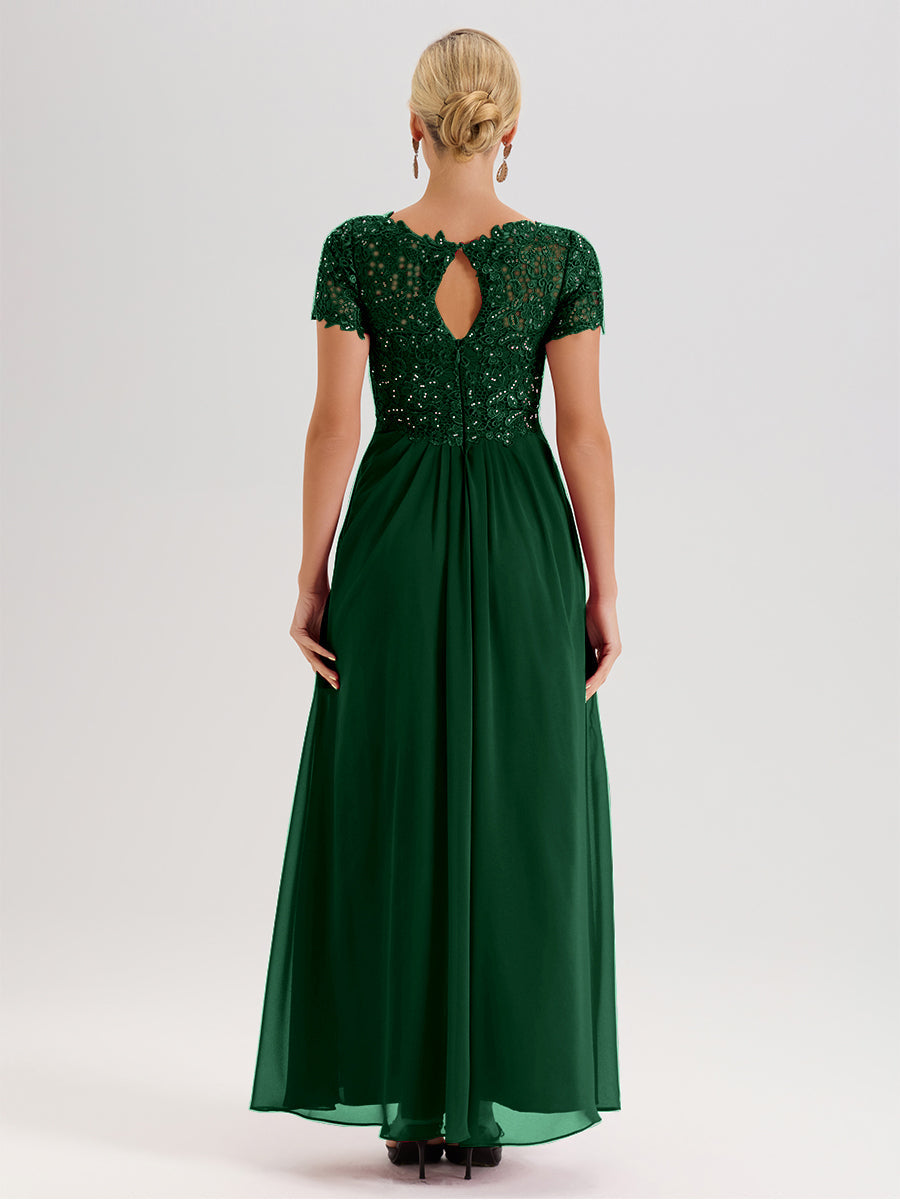 Cicinia Tenue Mère De La Mariée Très Chic Vert Foncé Dentelle Et Mousseline Avec Mancherons Col V Fluide Trapèze