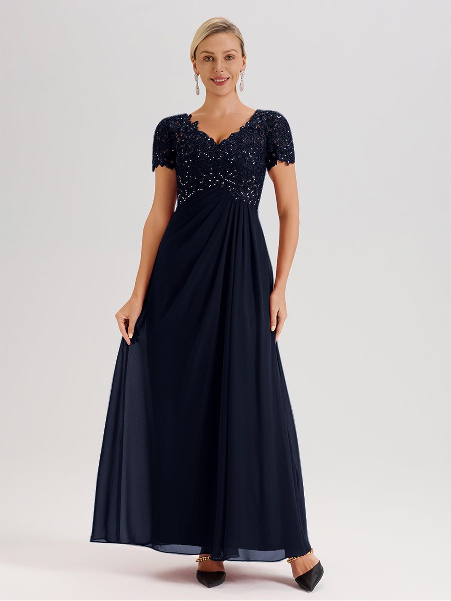 Cicinia Tenue Mère De La Mariée Très Chic Bleu Marine Dentelle Et Mousseline Avec Mancherons Col V Fluide Trapèze