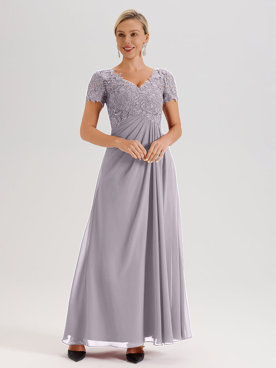 Cicinia Tenue Mère De La Mariée Très Chic Couleur Crépuscule Dentelle Et Mousseline Avec Mancherons Col V Fluide Trapèze